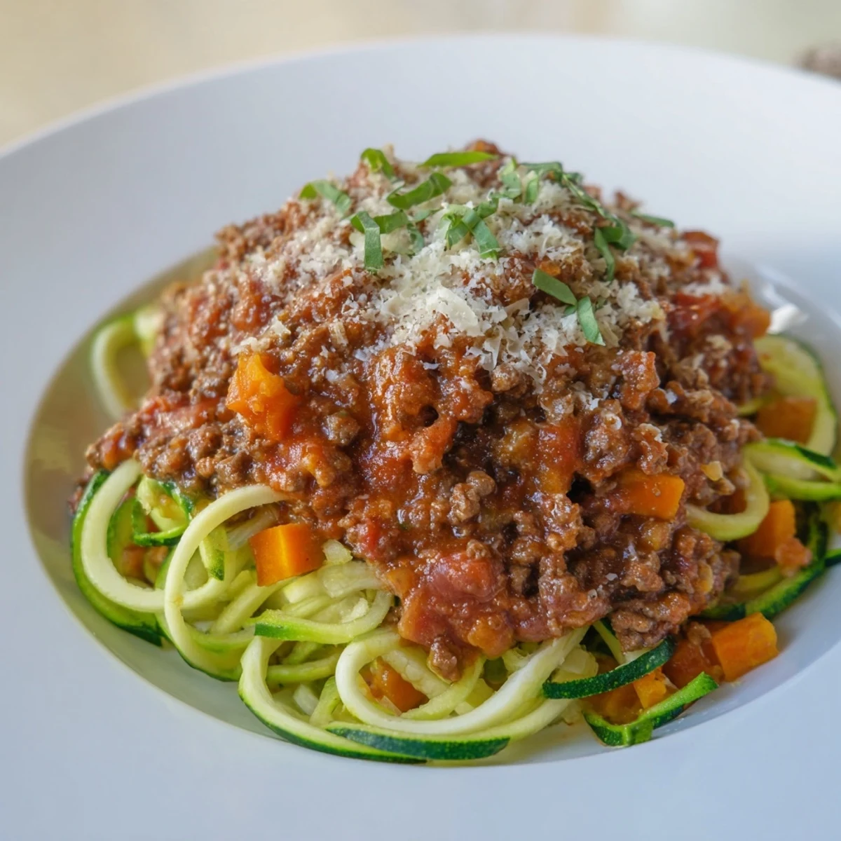 A close-up of fresh, rich Beef Bolognese spooned generously over bright green zucchini spirals.