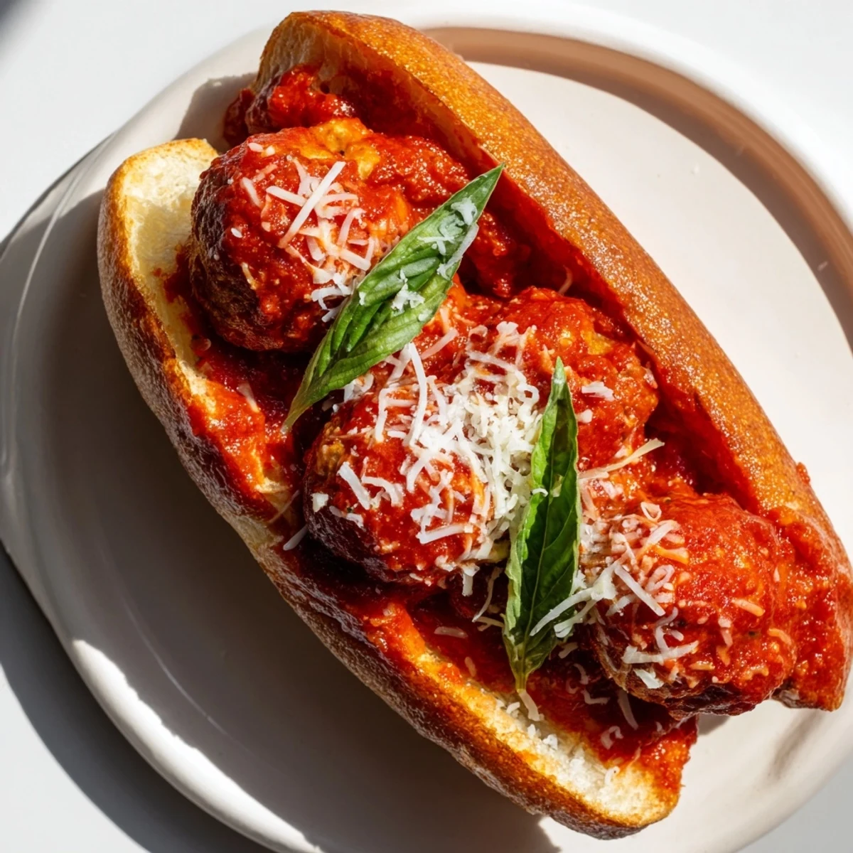 A warm, flavorful Turkey Meatball Sub with marinara, showcasing tender meatballs and gooey cheese.