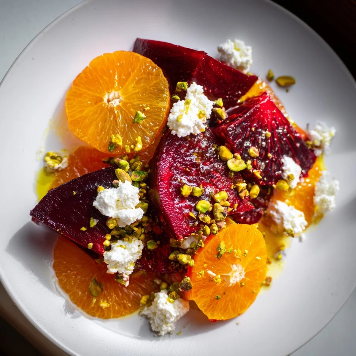 Vibrant roasted beet and blood orange salad with creamy goat cheese, a colorful, delicious dish.