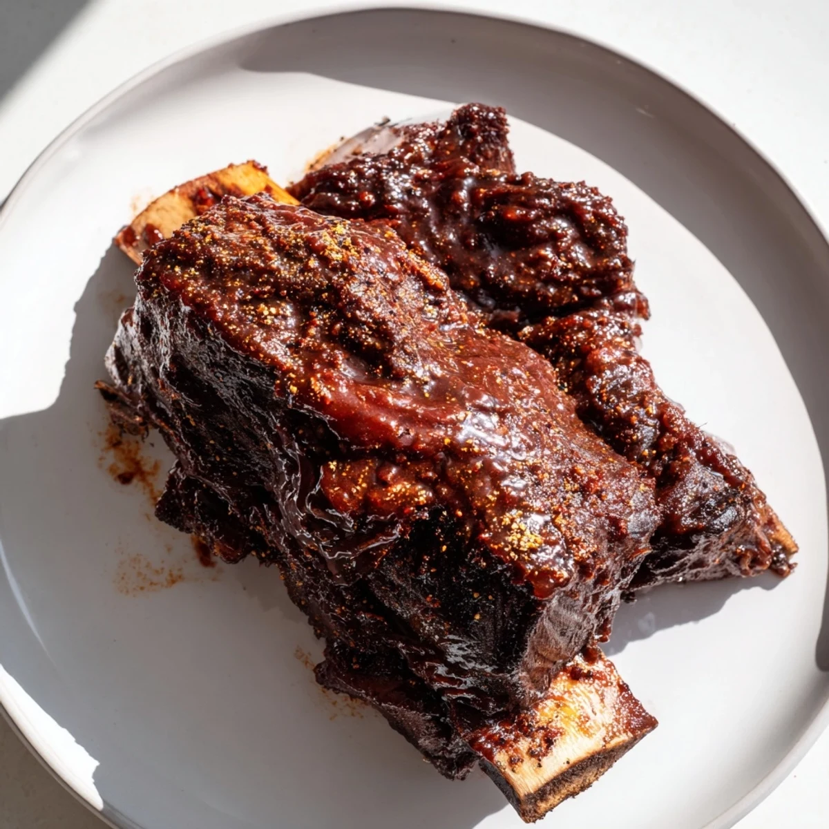 Tender, glistening beef ribs, slow-cooked to perfection, slathered in a smoky barbecue glaze.