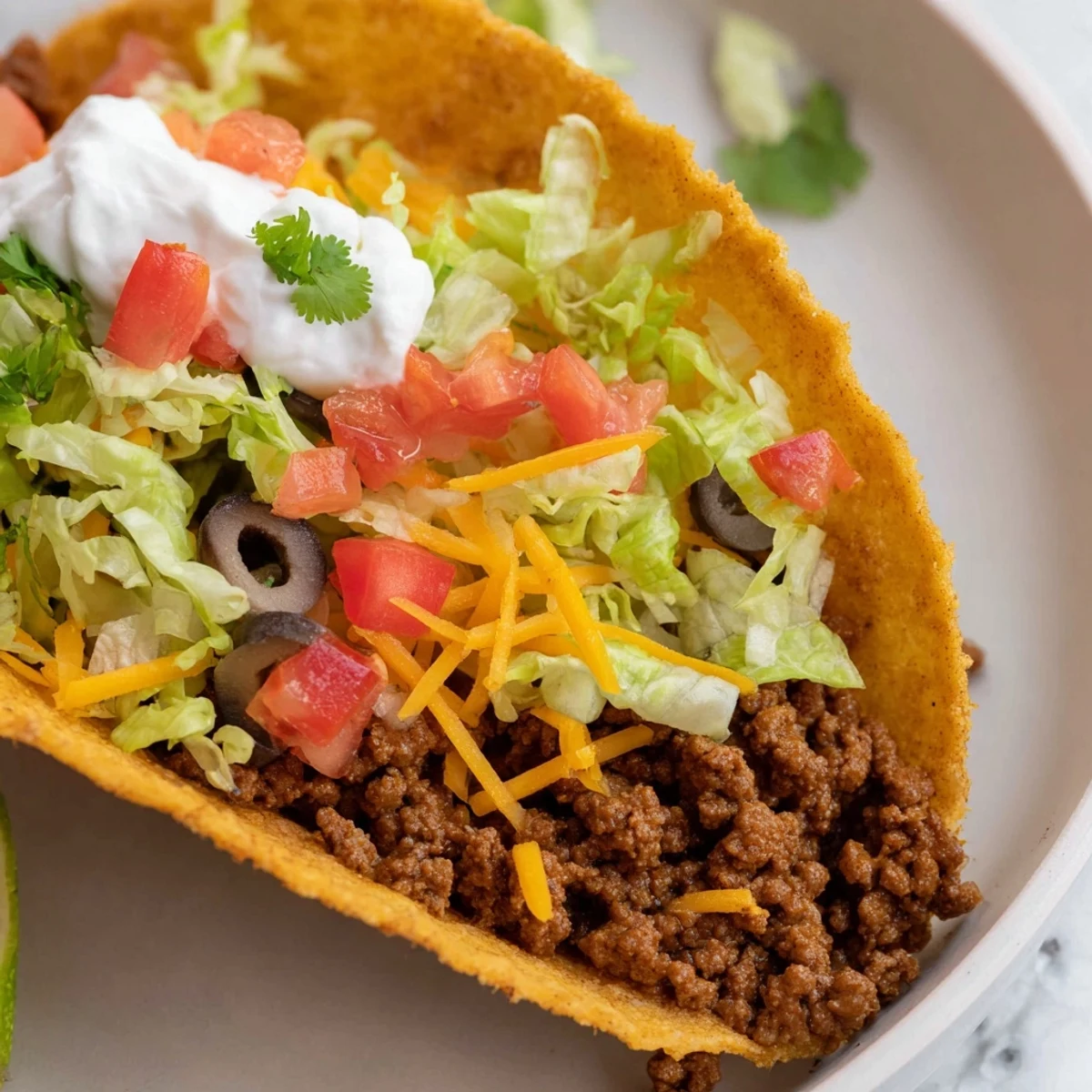 Steaming, flavorful beef tacos in hard shells, with fresh cilantro and vibrant toppings, ready to eat.