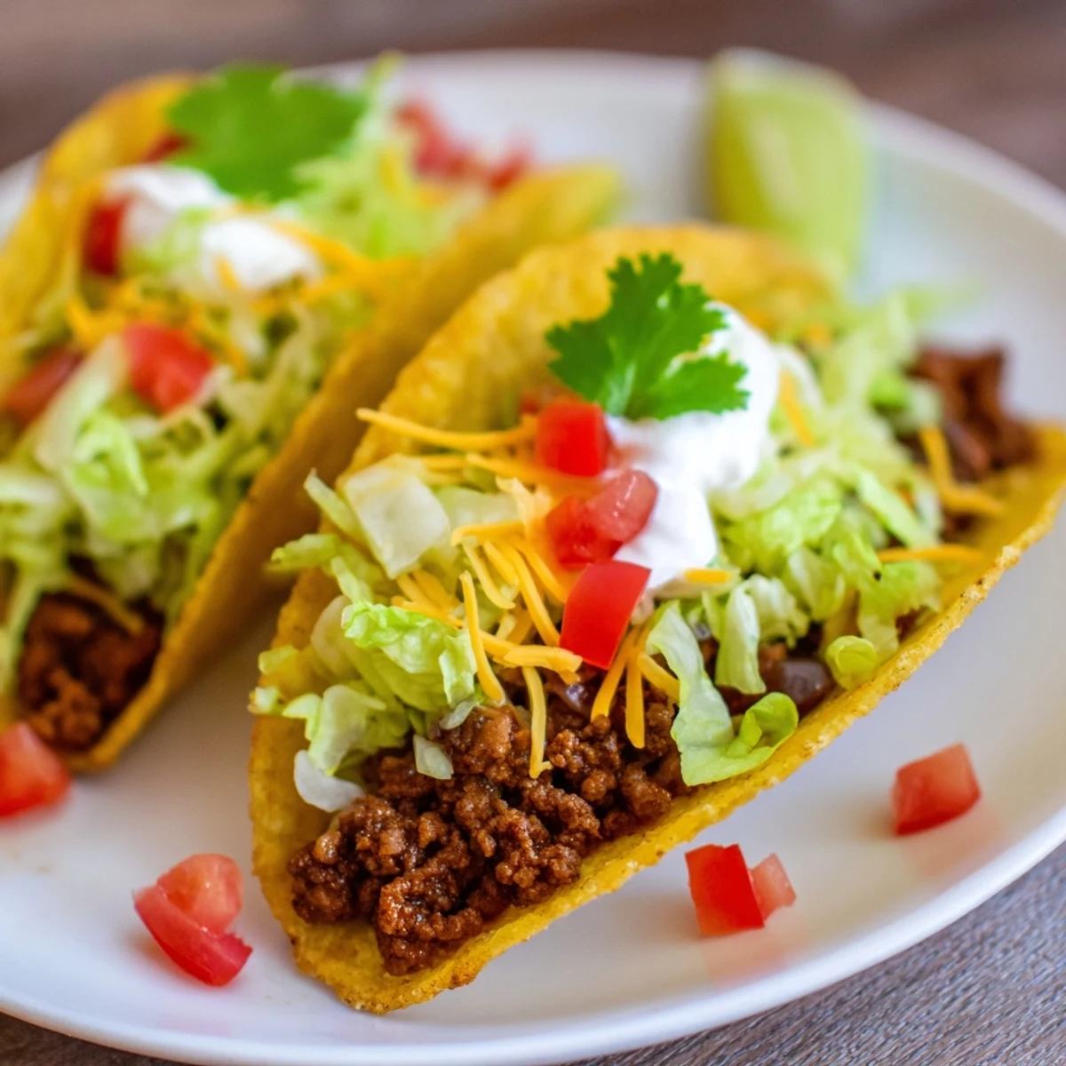 A close-up of crispy hard taco shells overflowing with seasoned ground beef; a classic taco!