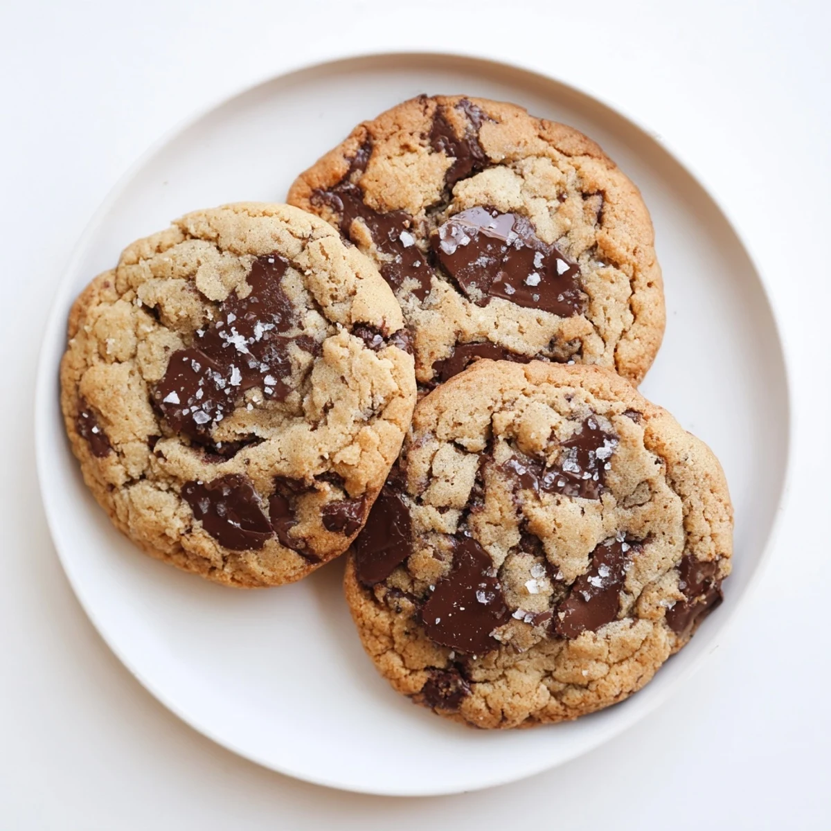 Golden, chewy Chocolate Chip Cookies with flaky sea salt, perfect for a sweet treat.