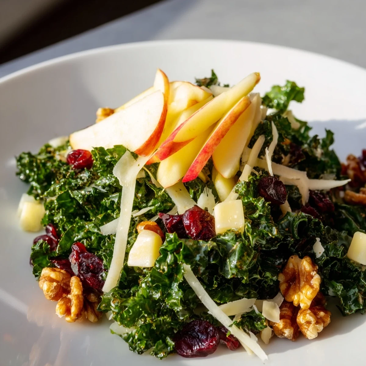 Tossed Winter Kale Salad: A colorful mix of kale, apple, cheddar, and nuts, ready to eat.