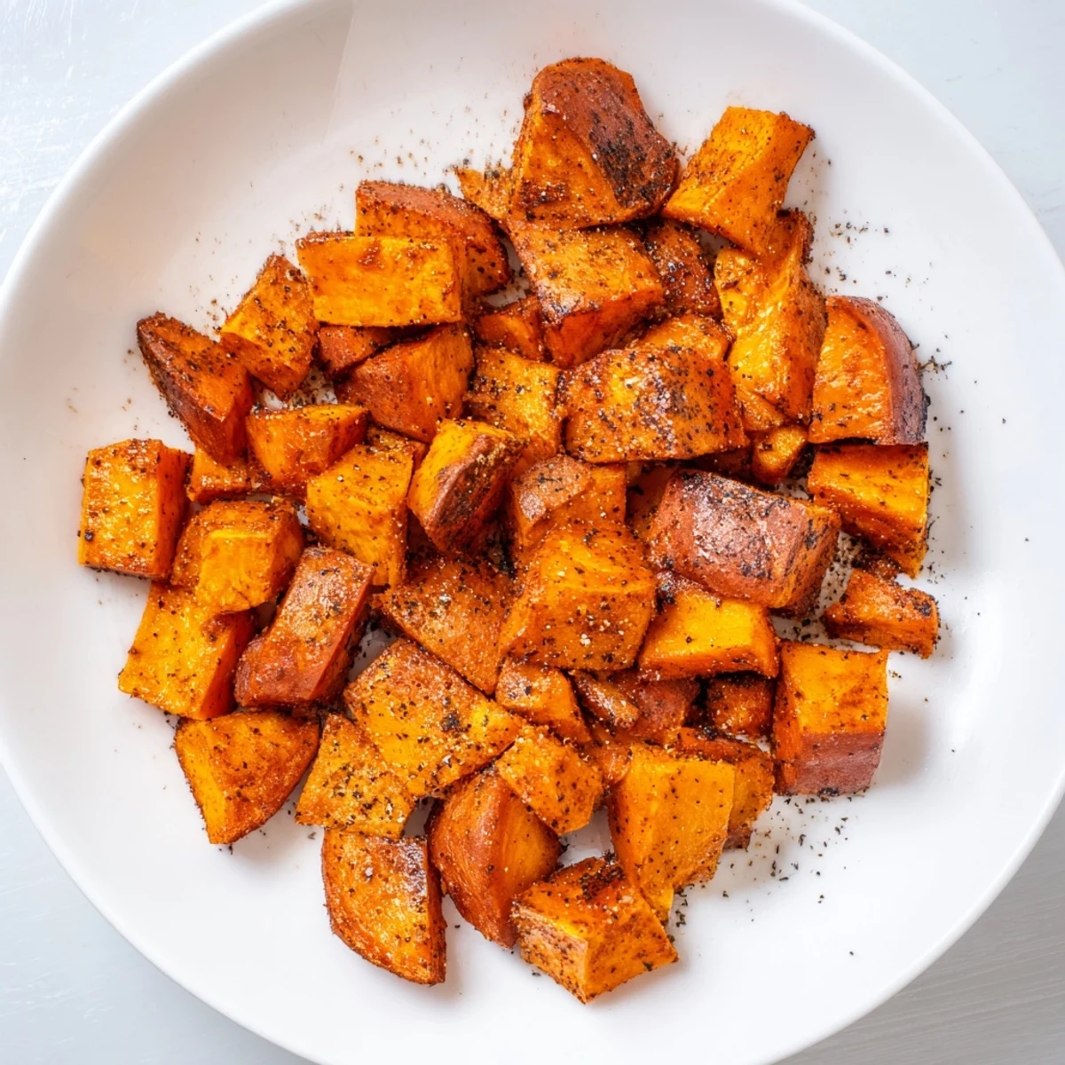 Close-up of roasted sweet potatoes with cinnamon, showcasing their caramelized edges and savory aroma.