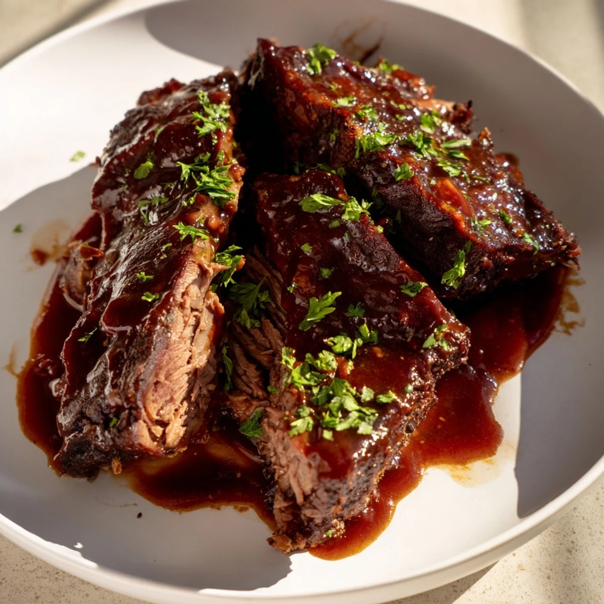 Tender, shredded slow cooker beef brisket glistening in its rich, homemade BBQ sauce, ready to serve.