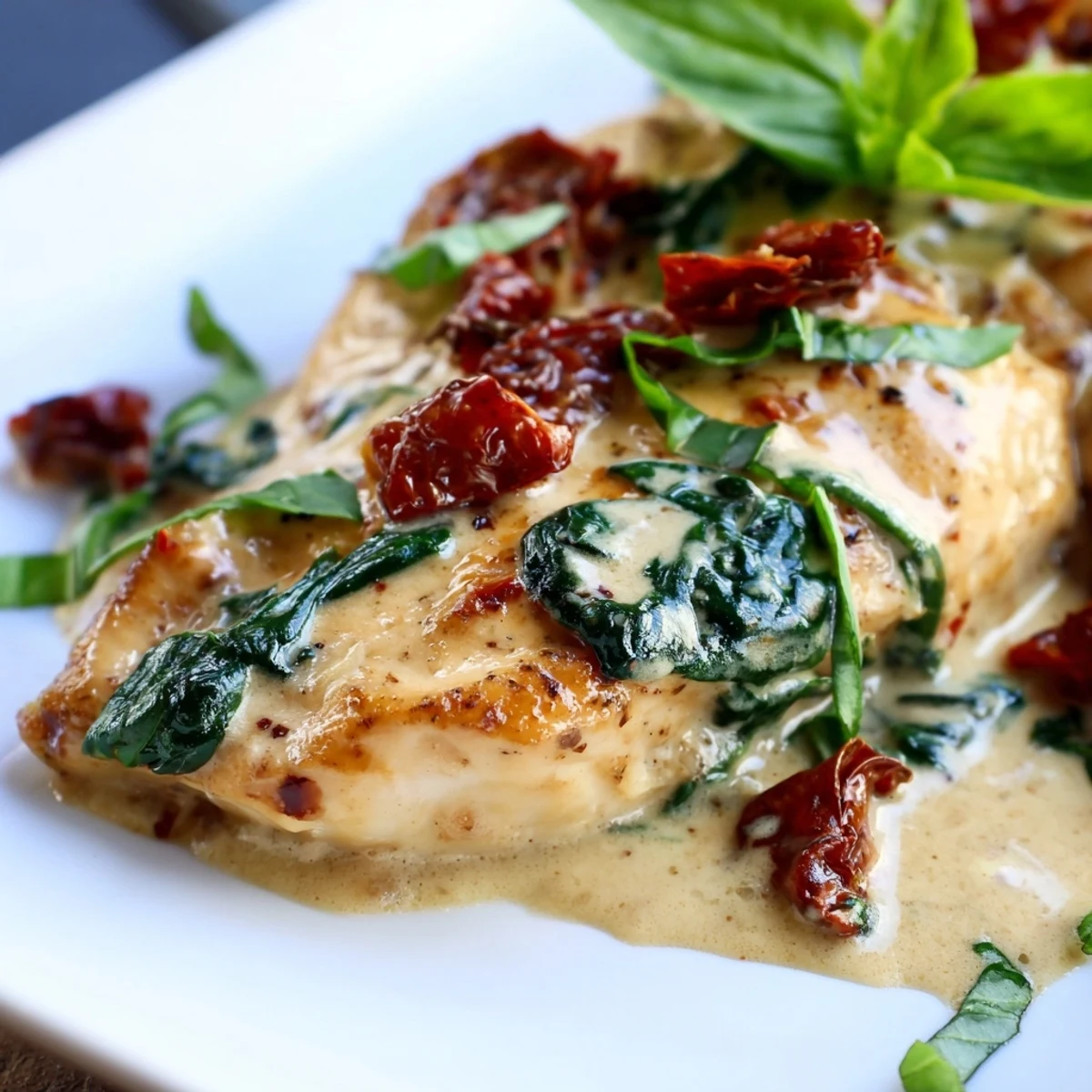Close-up of Creamy Tuscan Garlic Chicken showing the rich, garlicky cream sauce with wilted spinach and sun-dried tomatoes.