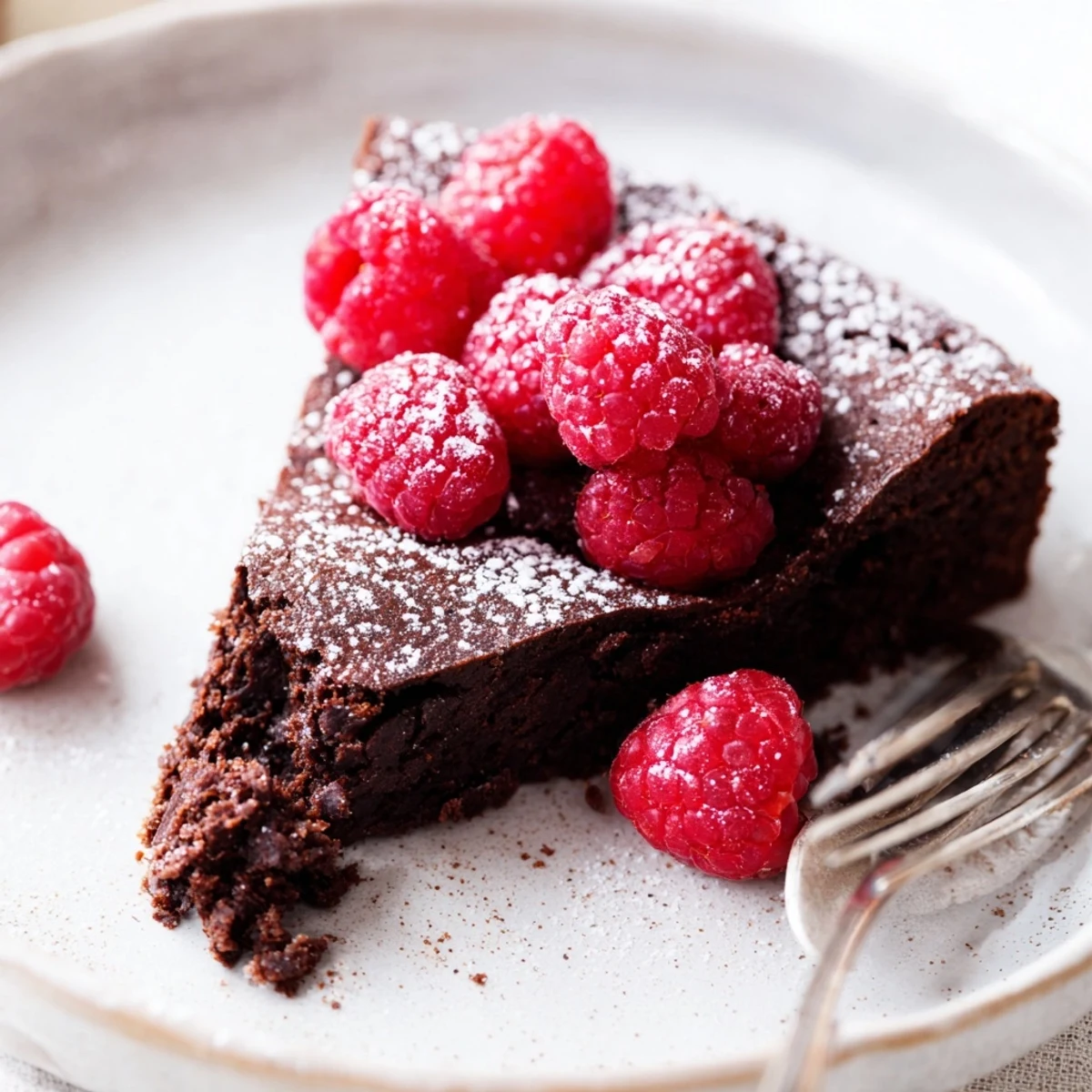Decadent Flourless Chocolate Cake with Raspberries, cut into a rich, fudgy slice, ready to be served with a dollop of whipped cream.