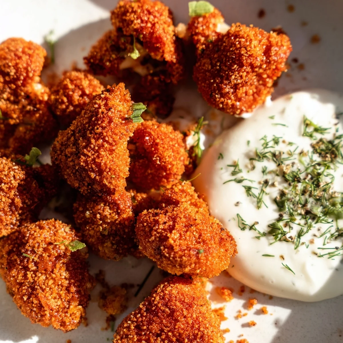 Golden-brown Crispy Buffalo Cauliflower Wings with Ranch dip, garnished with fresh dill and chives.