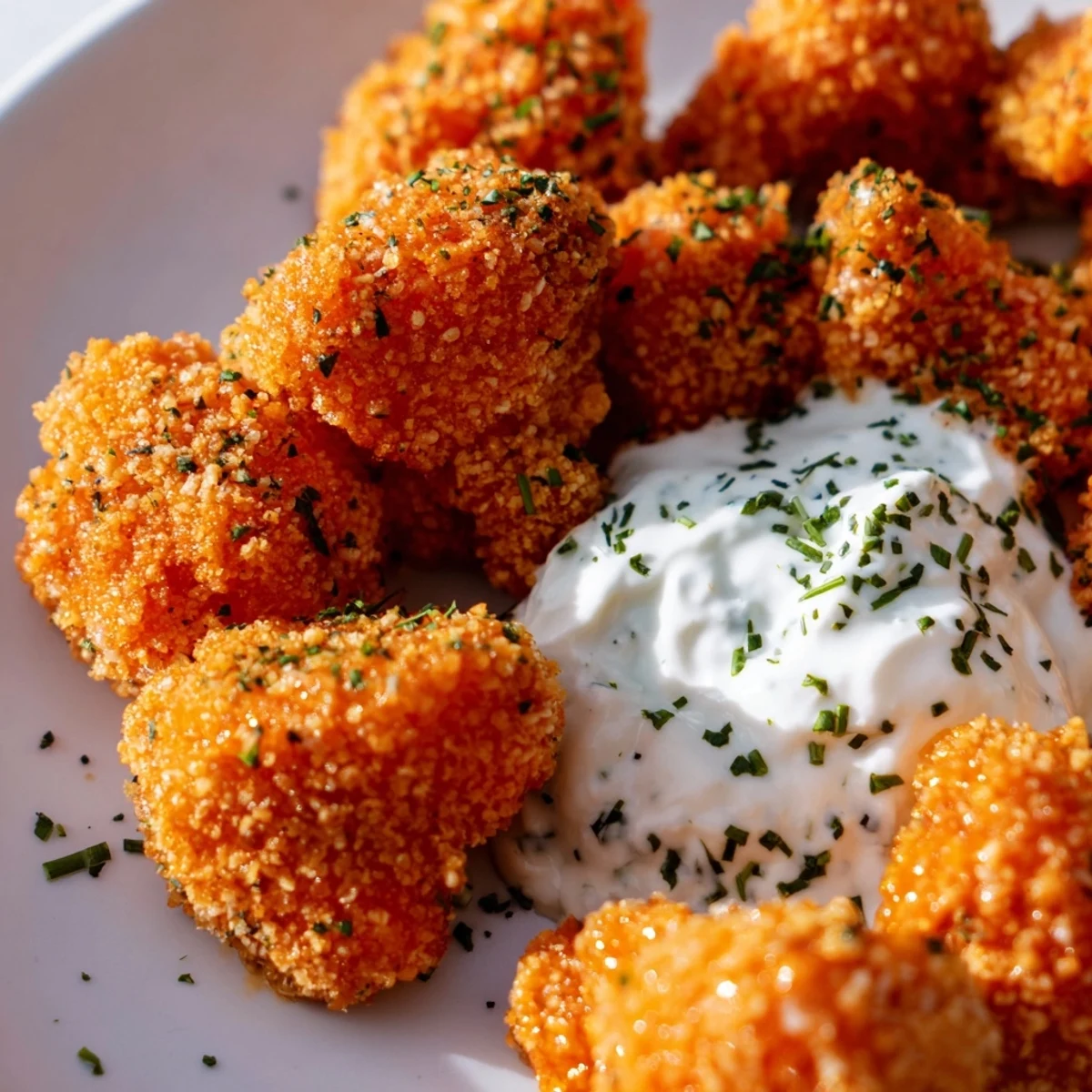 Serve these Crispy Buffalo Cauliflower Wings with ranch dip, celery sticks, and carrot sticks.