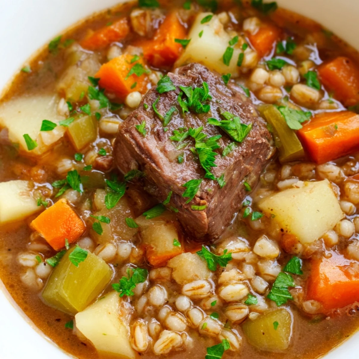 Warm bowl of Hearty Beef and Barley Stew with Root Vegetables, garnished with fresh parsley on a rustic table.