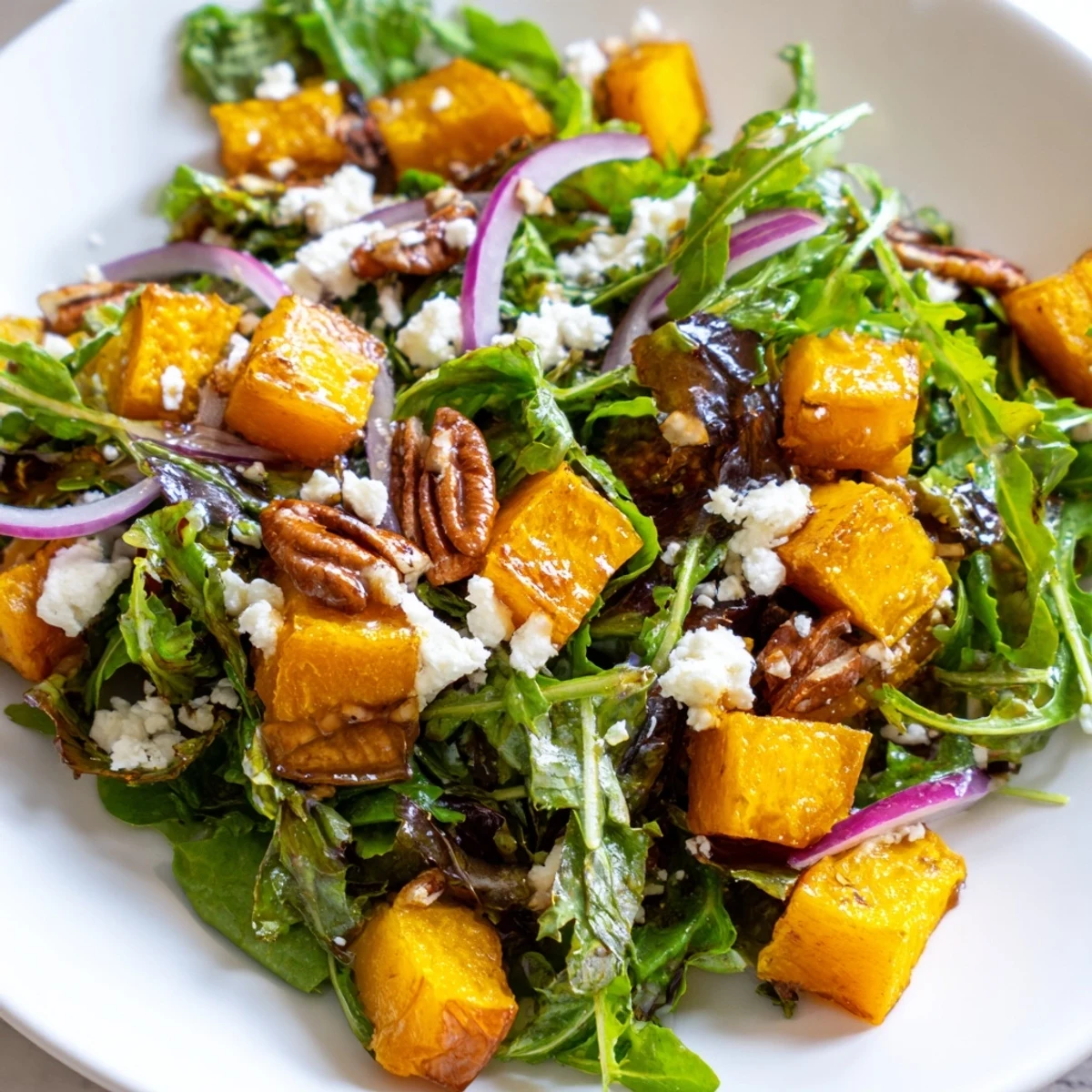 Golden roasted butternut squash salad tossed with greens and maple-balsamic vinaigrette. 