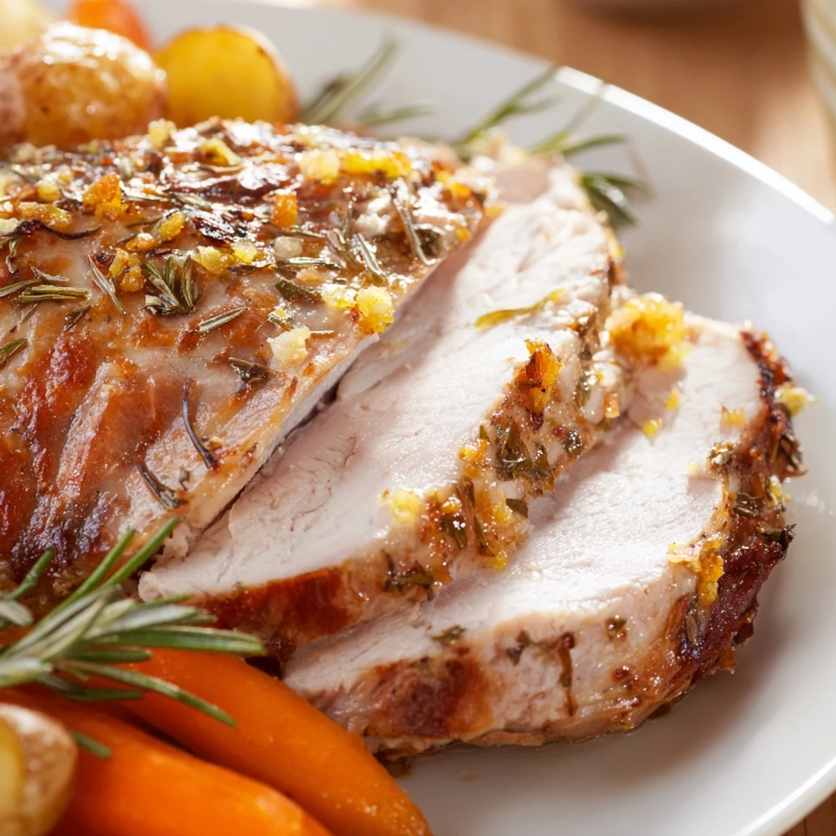 Golden-brown Sheet Pan Lemon Herb Roasted Turkey Breast rests beside tender roasted carrots and potatoes.