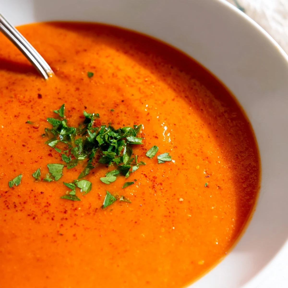 Vibrant Roasted Red Pepper and Lentil Soup simmering in a pot with visible steam and spices.