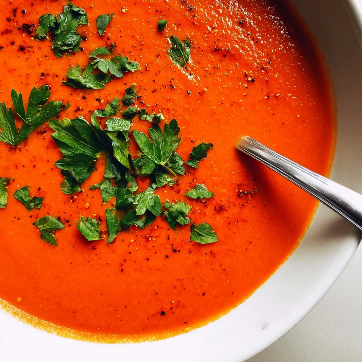 A close-up of Roasted Red Pepper and Lentil Soup topped with herbs, ready to serve with bread.