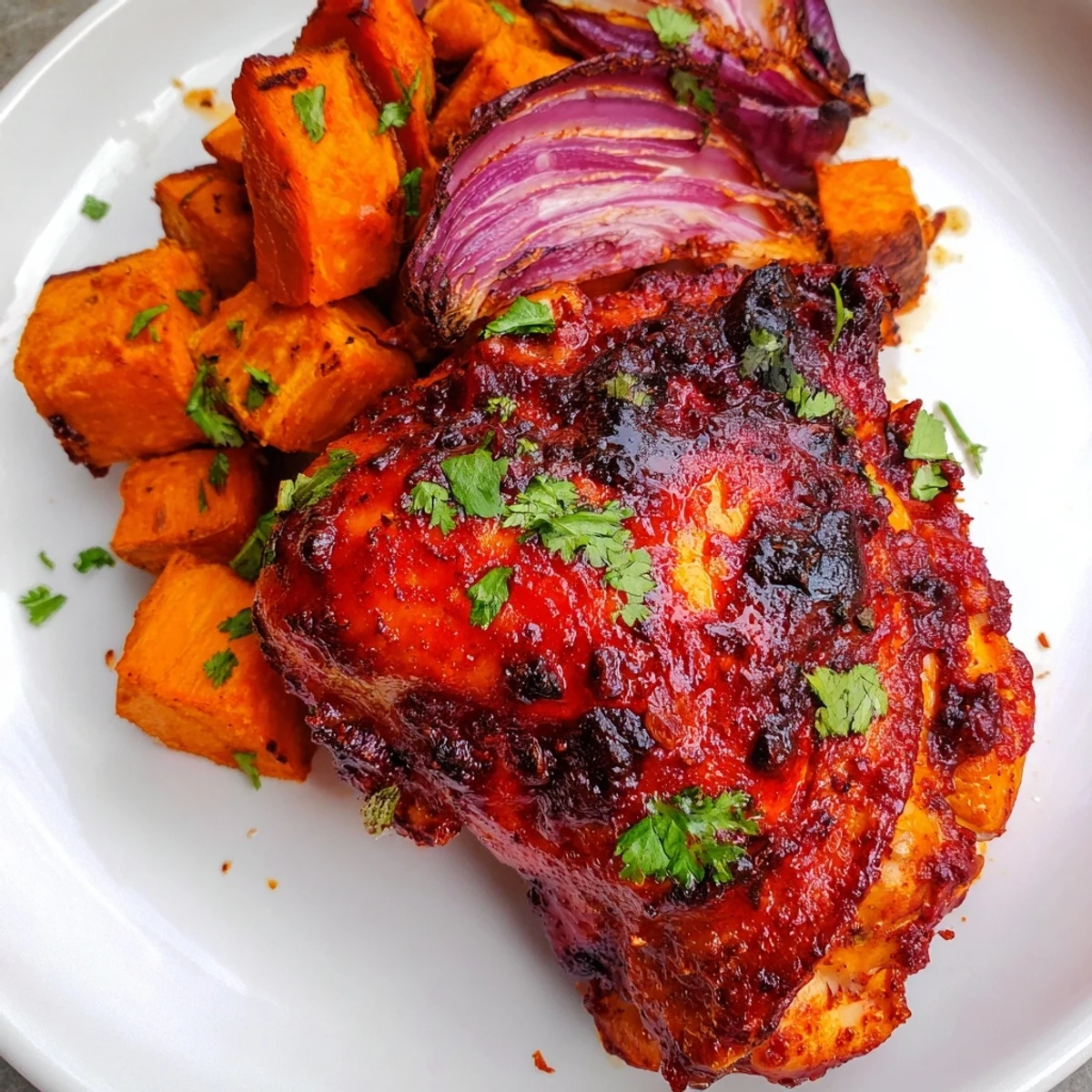 Juicy, spice-rubbed Harissa Roasted Chicken thighs sit beside tender, caramelized sweet potato wedges for a vibrant meal.