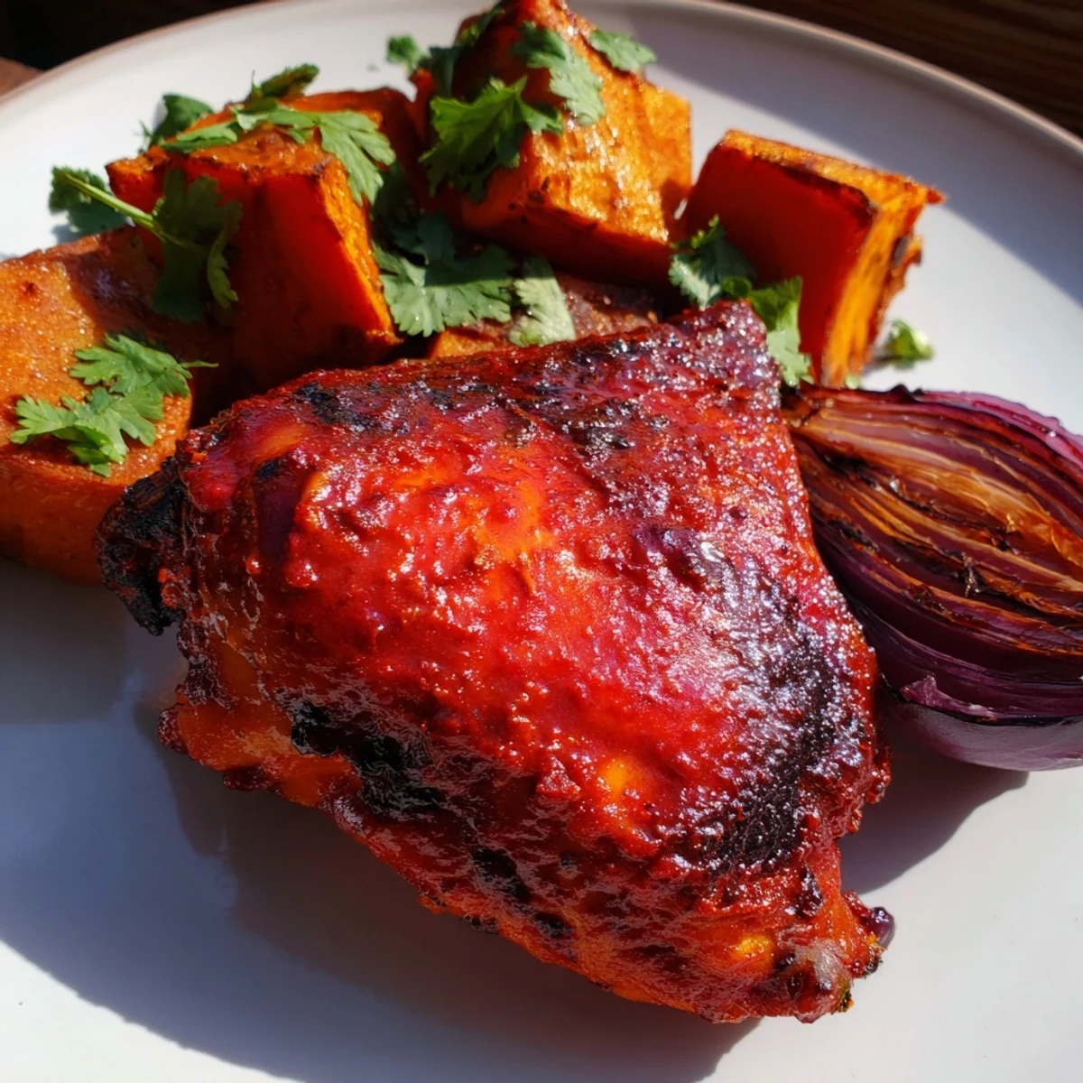 Skillet-roasted Harissa Roasted Chicken thighs serve with sweet potatoes and lemon wedges on rustic, white plates.