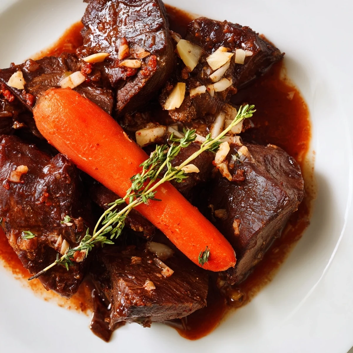 Tender Slow Cooked Beef Shin with Carrots and Thyme served over creamy mashed potatoes with fresh herbs.