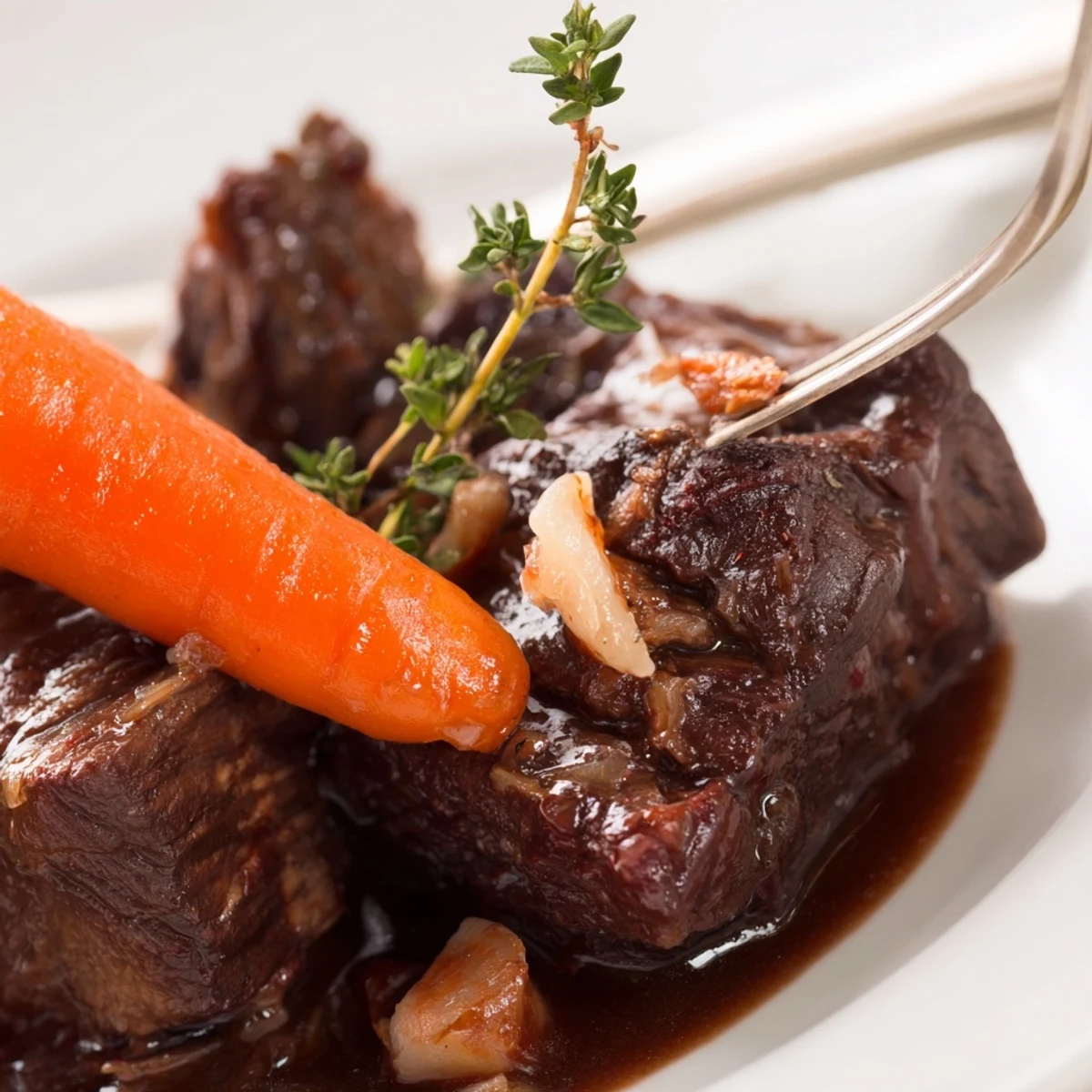 Rich Slow Cooked Beef Shin with Carrots and Thyme simmering in a cast iron pot with thyme sprigs.