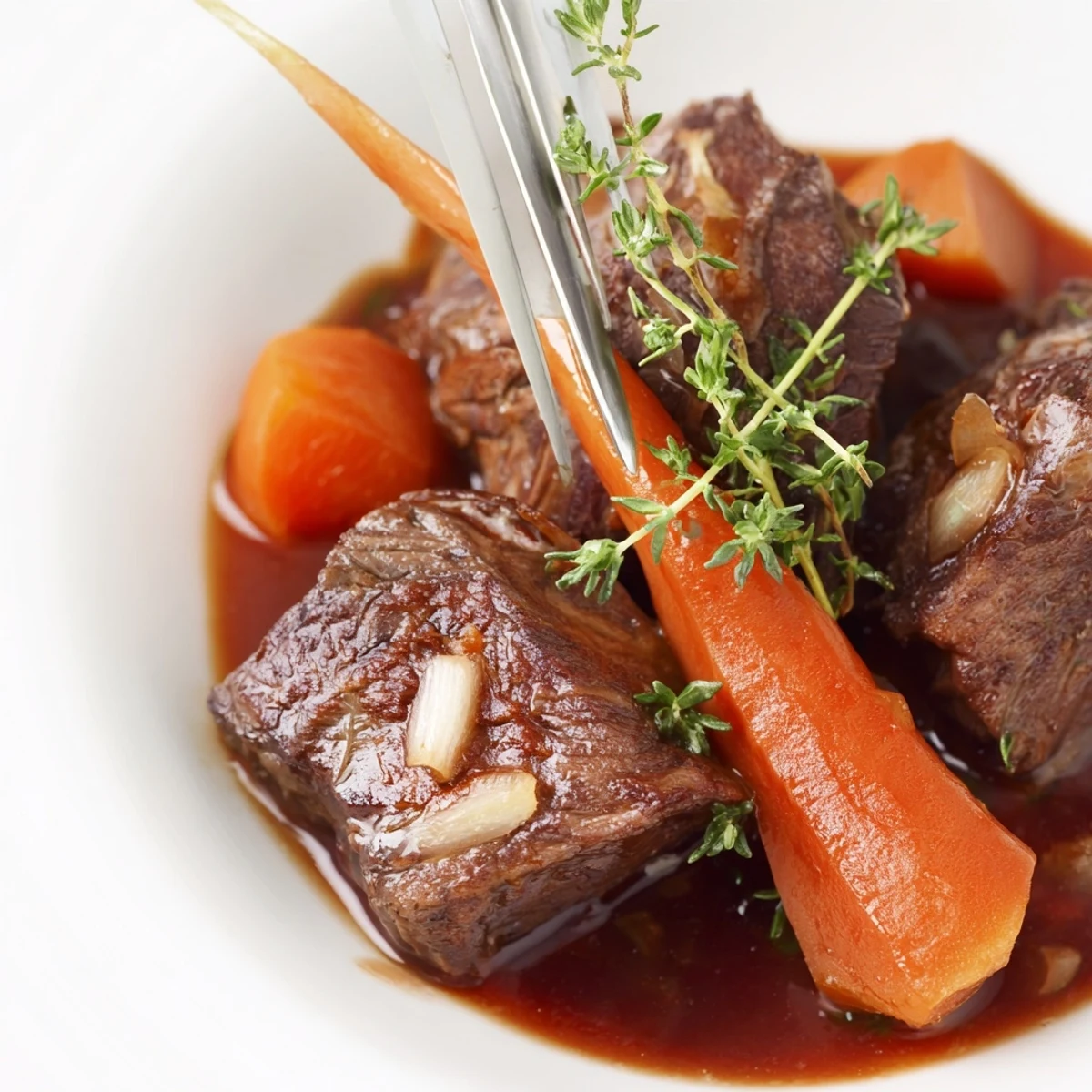 Close up of Slow Cooked Beef Shin with Carrots and Thyme plated beside crusty bread and a glass of red wine.