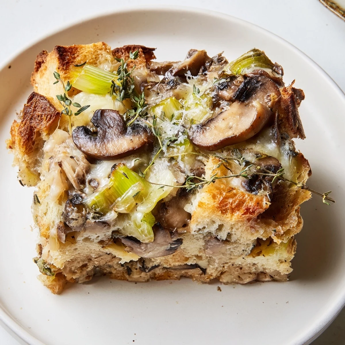 A close-up of Savory Mushroom and Leek Bread Pudding showing creamy custard soaked into rustic bread cubes with tender vegetables.