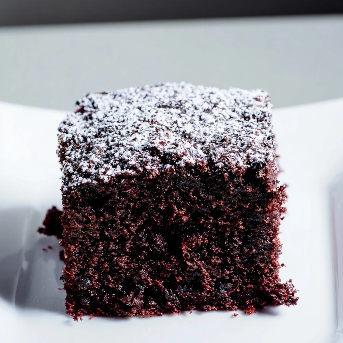 A moist, square slice of Dark Chocolate and Beetroot Snack Cake on a rustic plate, showcasing a rich, fudgy crumb with subtle red beetroot flecks.