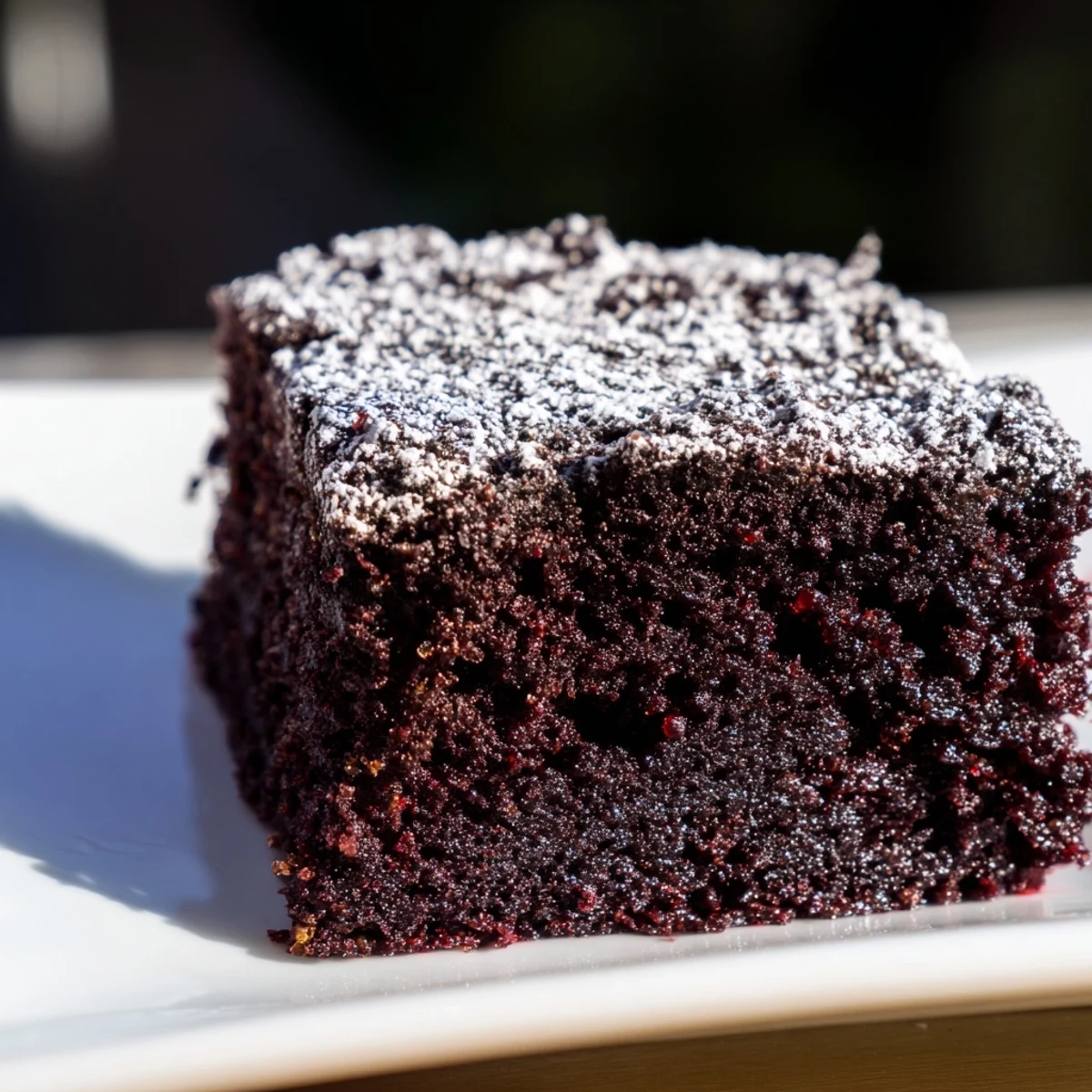 A close-up of a hand holding a piece of Dark Chocolate and Beetroot Snack Cake, revealing a dense, velvety texture and glossy dark chocolate frosting.
