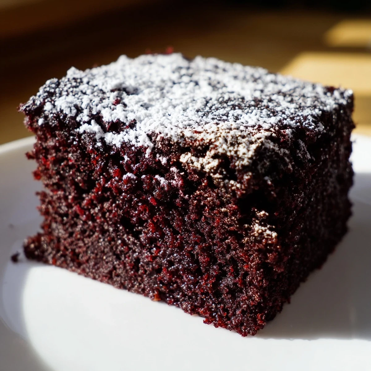 A freshly baked pan of Dark Chocolate and Beetroot Snack Cake topped with chocolate ganache, ready to be sliced into twelve rich squares for dessert.