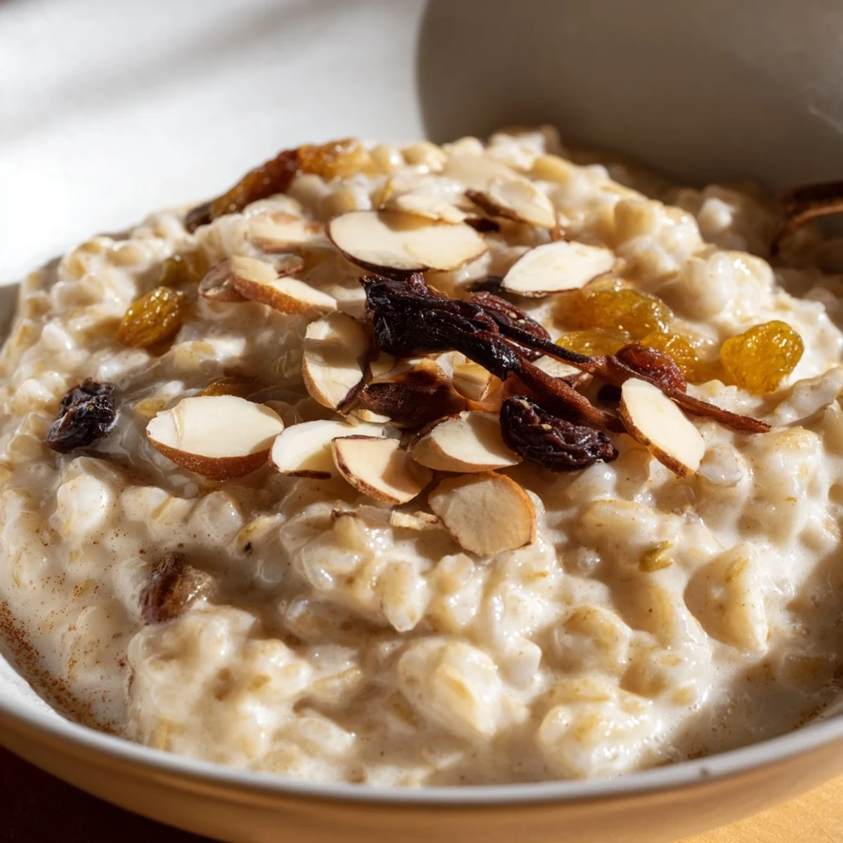 Warm Chai Spiced Rice Pudding served in a rustic ceramic bowl with cinnamon sticks and crushed cardamom pods nearby.