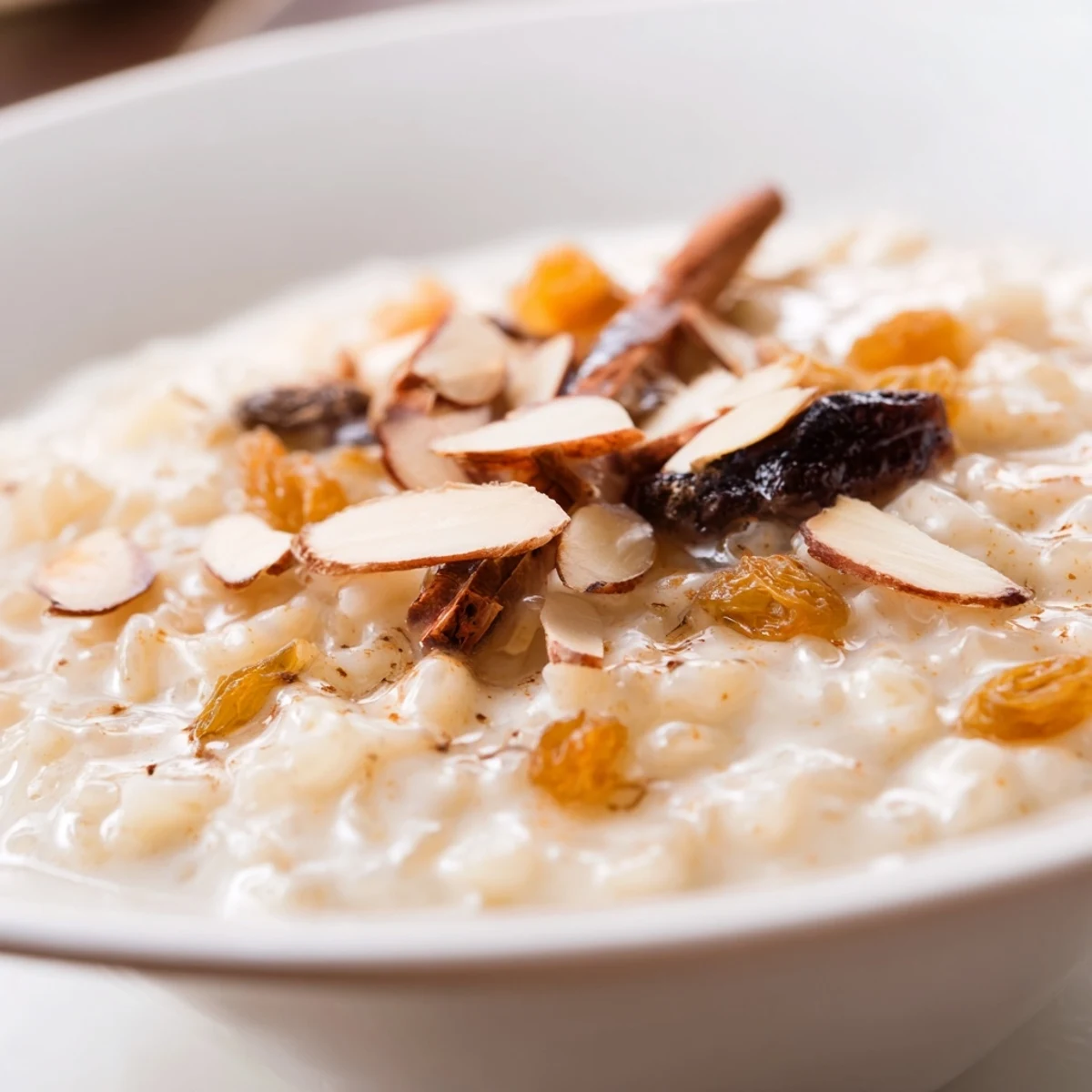 A close-up view of creamy Warm Chai Spiced Rice Pudding topped with toasted sliced almonds and golden raisins.