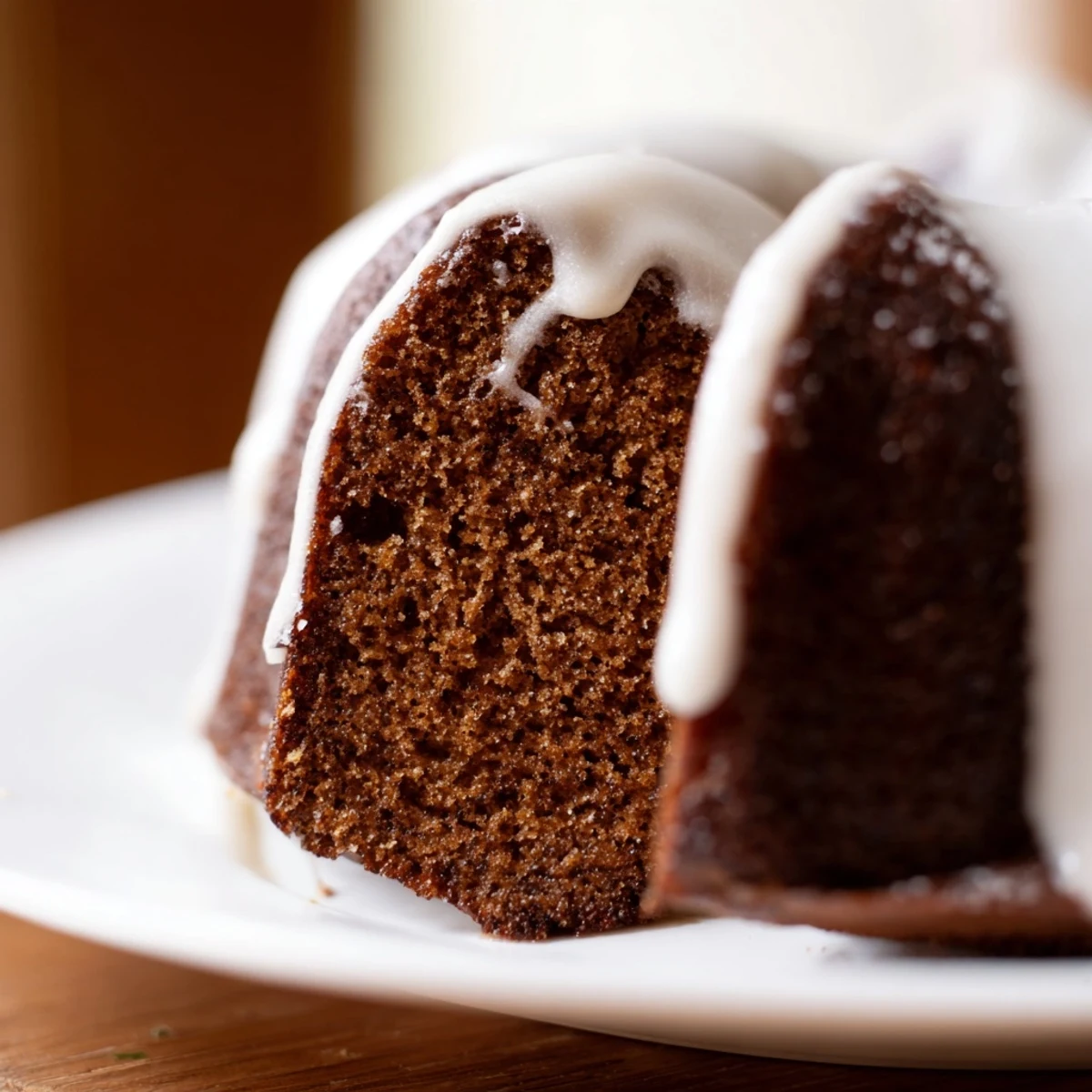 Moist Gingerbread Spiced Bundt Cake drizzled with sweet vanilla glaze, perfect with coffee.
