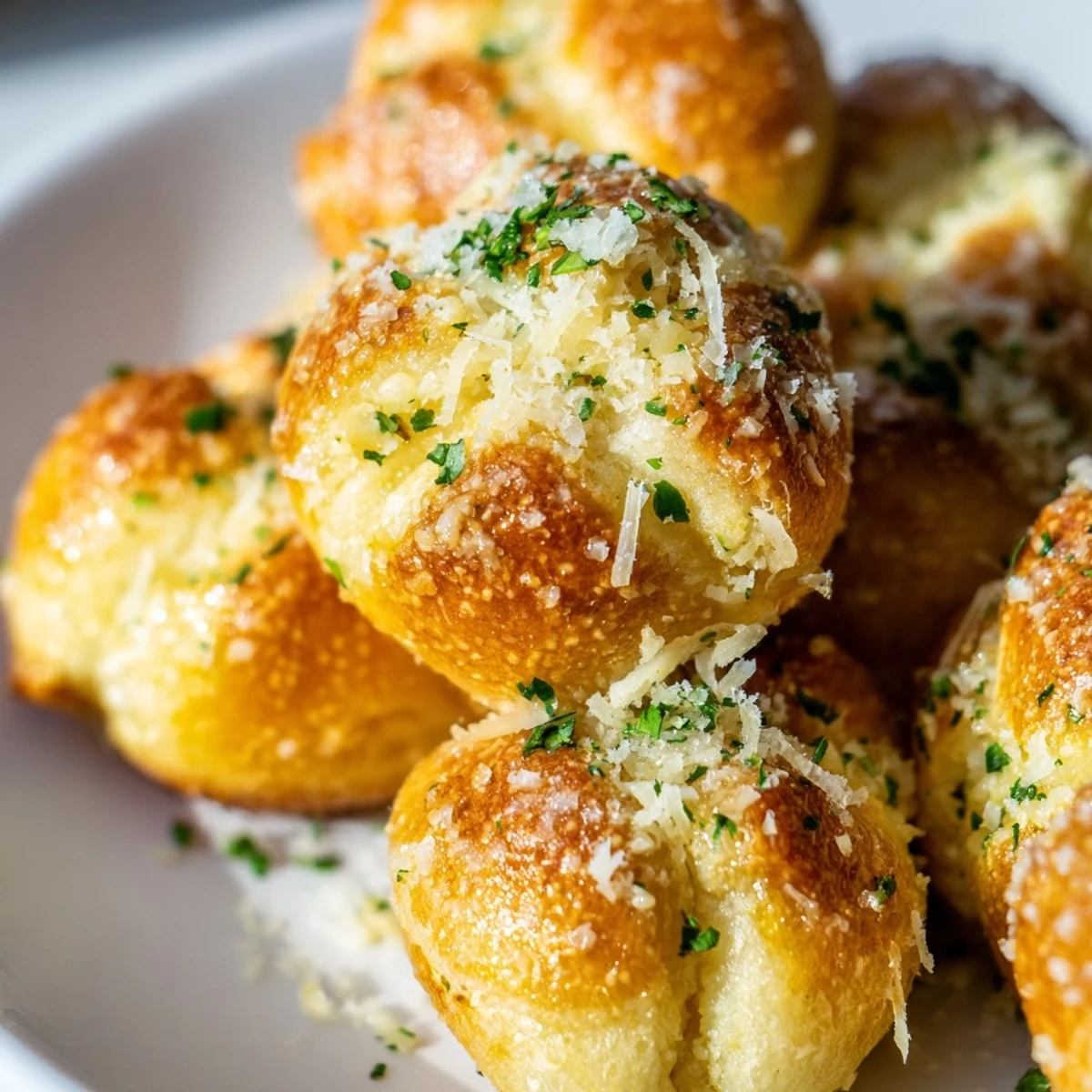 Garlic parmesan dough knots sit golden brown on parchment, brushed with garlic butter and sprinkled with cheese. 
