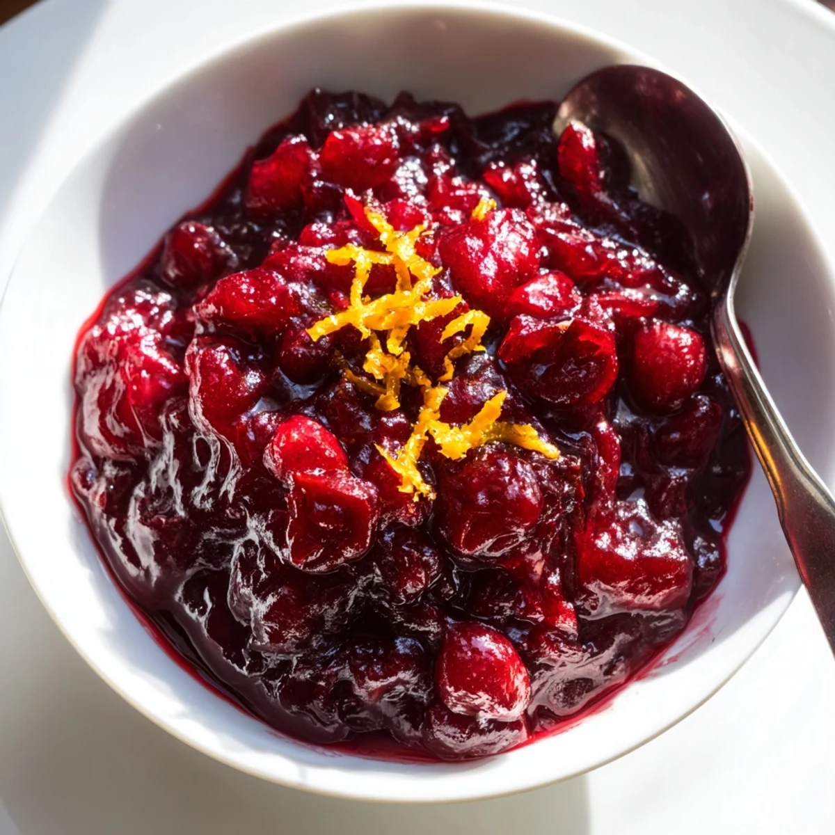 Glossy, ruby-red Cranberry Sauce with Orange Juice simmering in a saucepan with fresh orange zest.