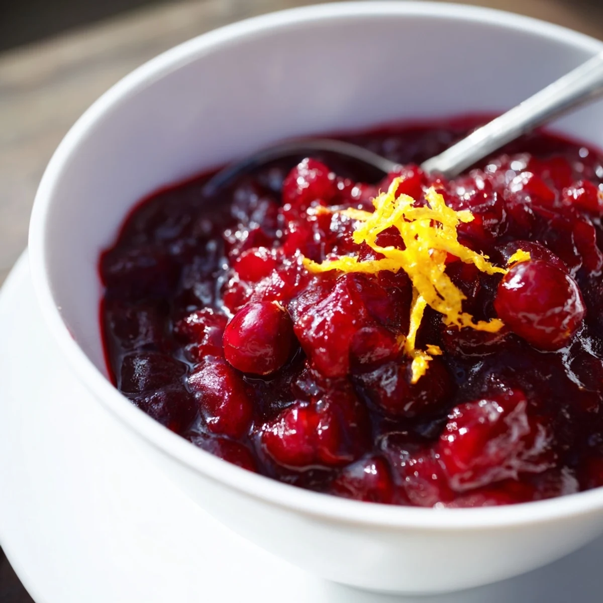 Stirred wooden spoon in a pot of bubbling Cranberry Sauce with Orange Juice, orange zest visible.