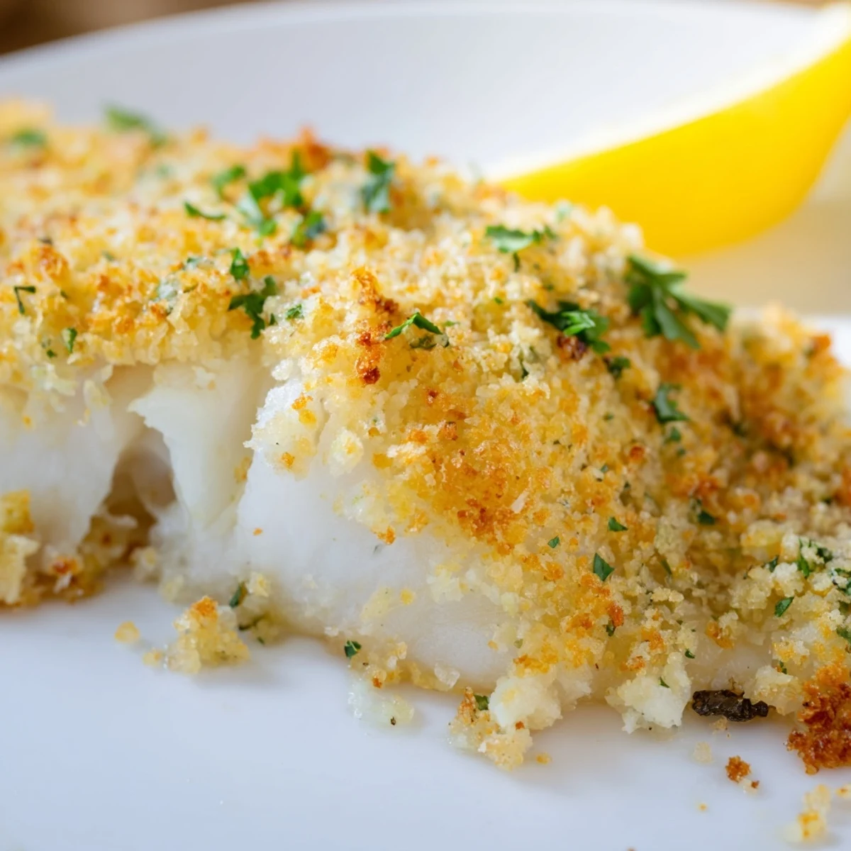 Golden brown Baked Cod with Breadcrumb Topping on a baking sheet, ready to serve with lemon wedges.
