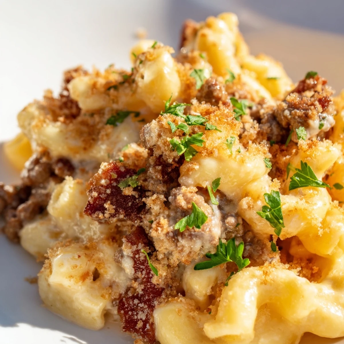 Close-up of Creamy Macaroni and Cheese with Bacon Beef, showing melted cheddar and savory beef in every bite.