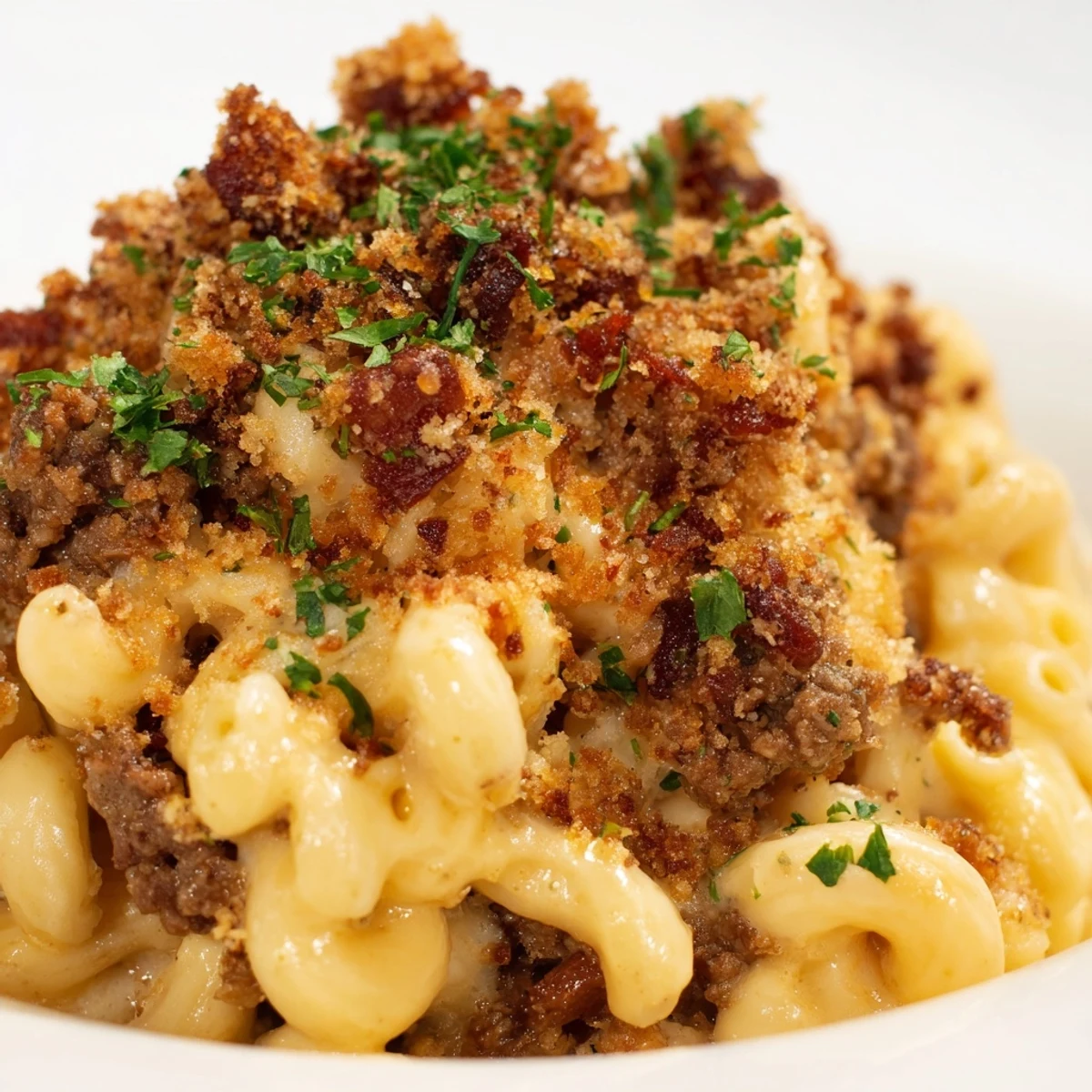 Hearty Creamy Macaroni and Cheese with Bacon Beef served steaming hot from the oven in a casserole dish.
