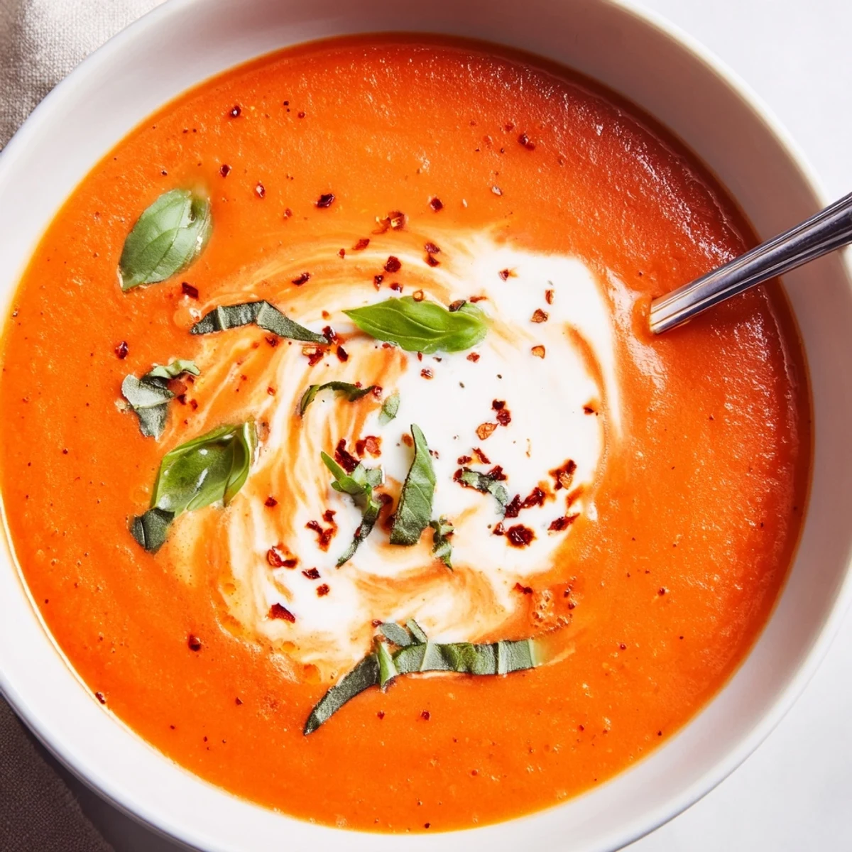 Creamy Roasted Red Pepper and Tomato Soup served hot in a rustic bowl, garnished with fresh basil and a swirl of cream.