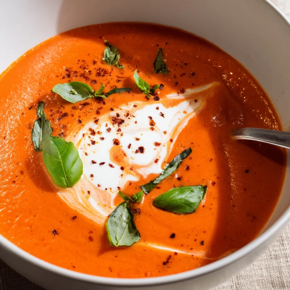 A close-up of Creamy Roasted Red Pepper and Tomato Soup with a golden grilled cheese sandwich for dipping alongside.