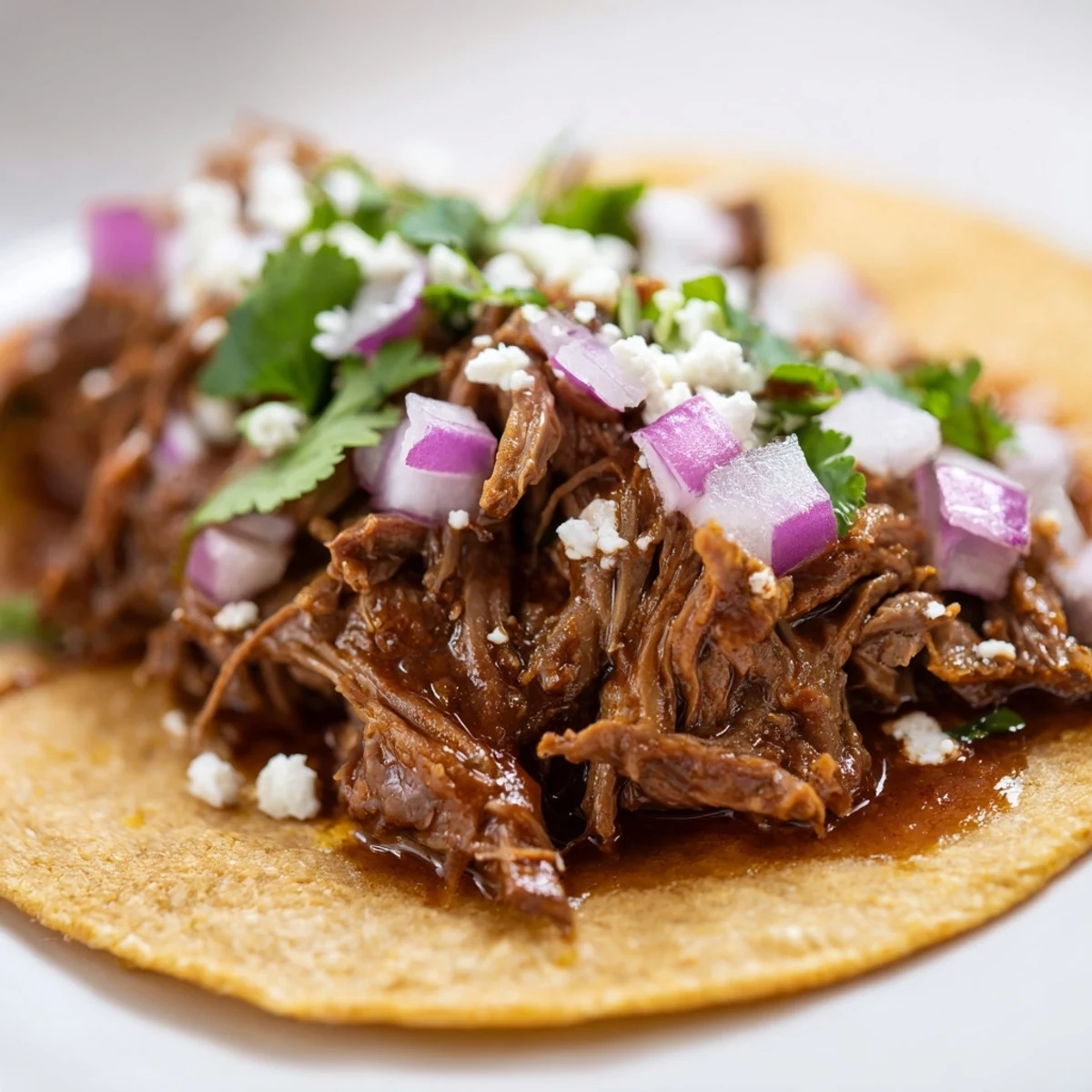 Slow Cooker Beef Barbacoa Tacos with tender shredded beef on warm corn tortillas, topped with fresh cilantro and diced red onion.