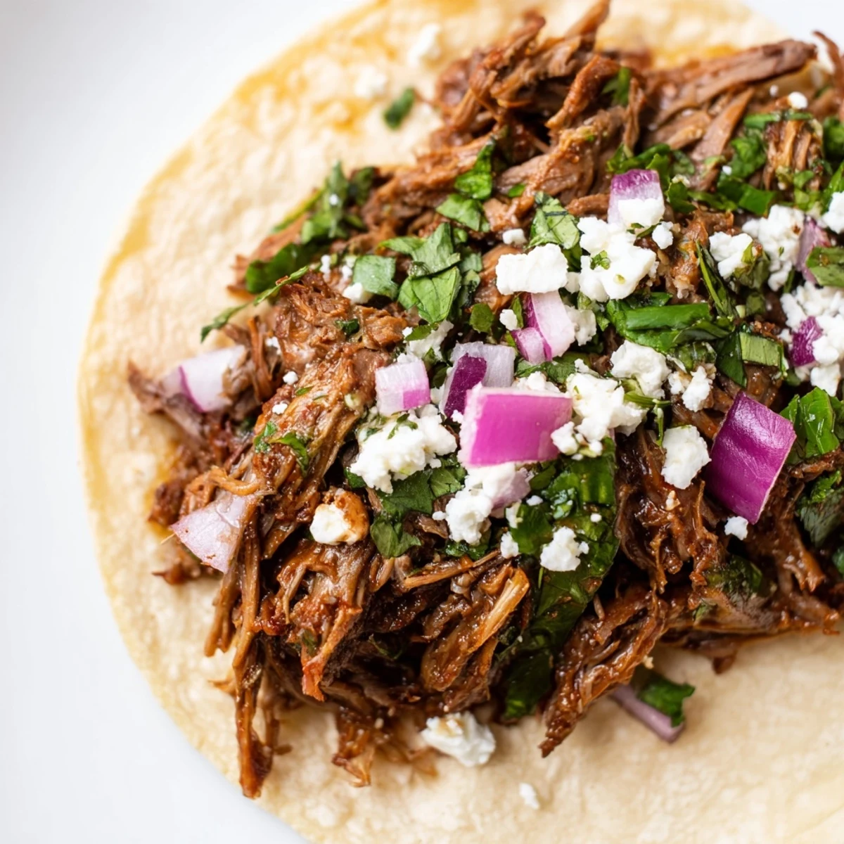Slow Cooker Beef Barbacoa Tacos featuring juicy shredded beef simmered in a spicy chipotle adobo sauce, garnished with lime wedges and queso fresco.