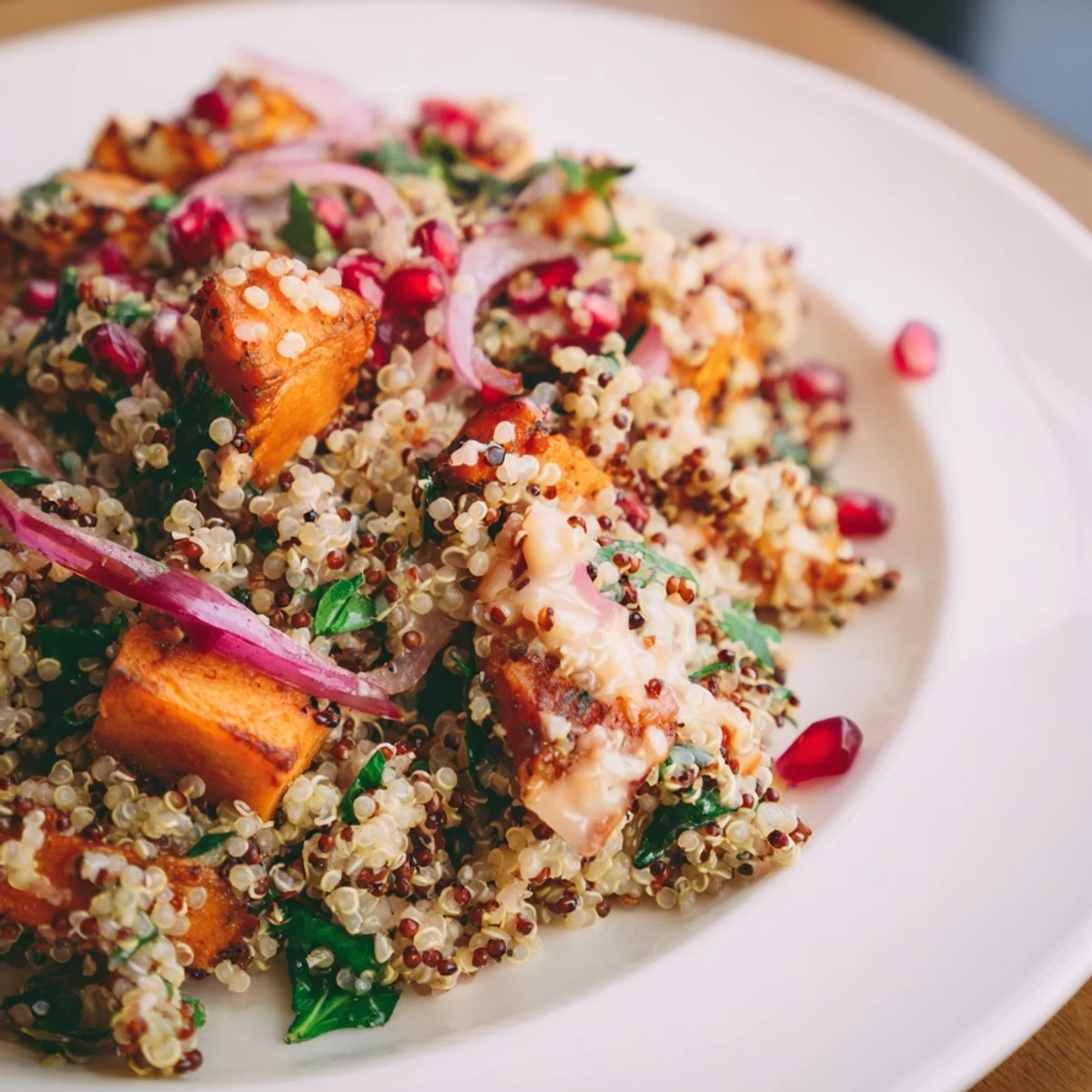 Golden roasted sweet potatoes and fluffy quinoa with fresh parsley and pomegranate seeds, served warm as a healthy meal.