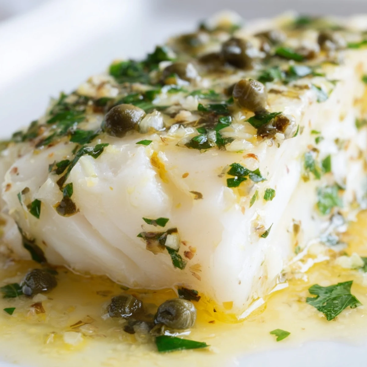 Golden-brown Baked Cod with Lemon Butter and Capers flaking easily on a white plate, garnished with fresh parsley and lemon slices.