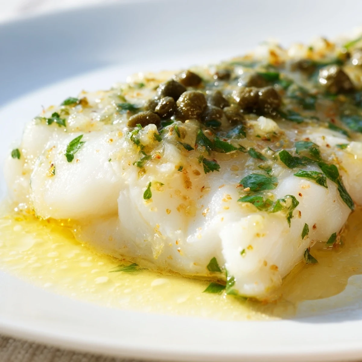 Freshly baked cod fillets with zesty lemon butter sauce and briny capers, ready to serve alongside roasted baby potatoes.