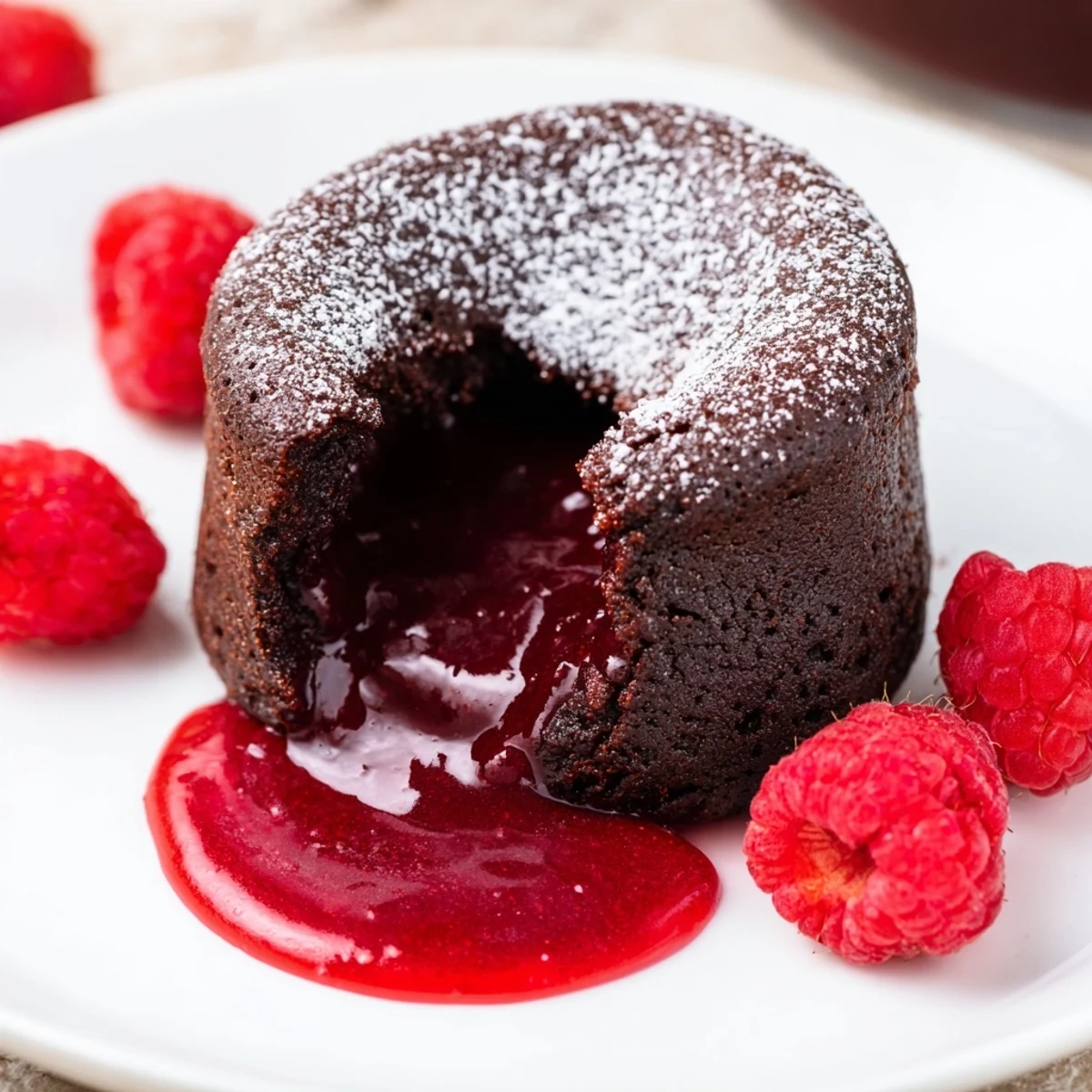 Golden-brown Chocolate Lava Cakes with Raspberry Coulis on a white plate, oozing molten chocolate from the center.