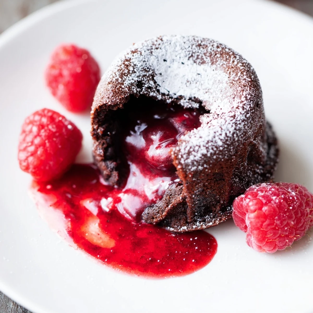 Chocolate Lava Cakes with Raspberry Coulis served on a slate board, paired with a glass of red wine.