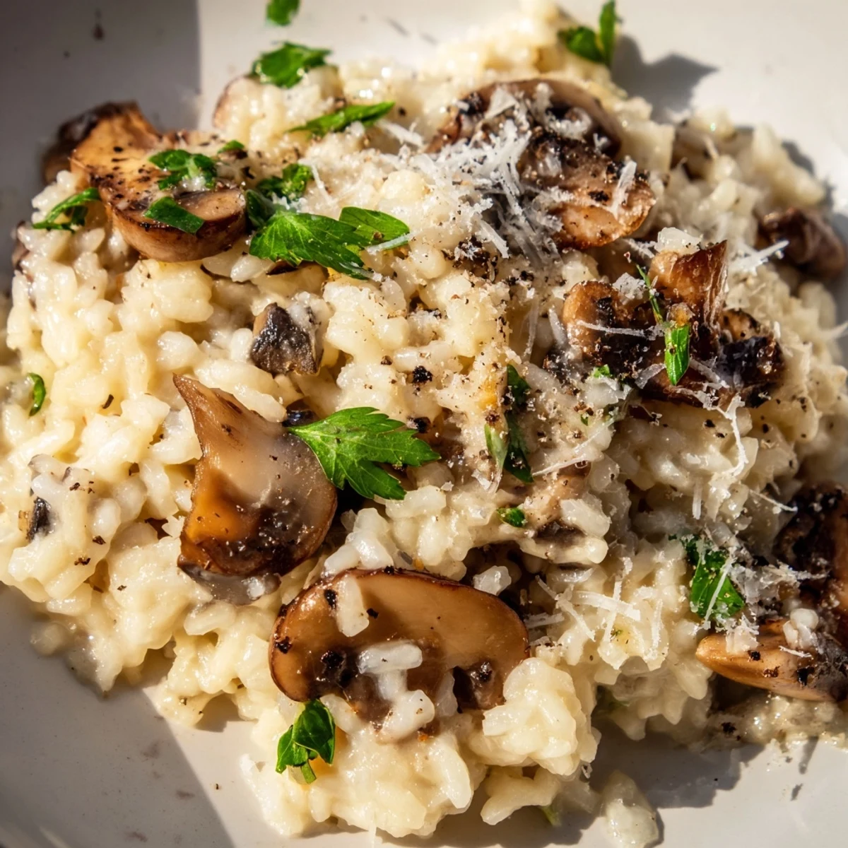 Two plates of Creamy Mushroom Risotto with Truffle Oil beside a glass of white wine and herbs.