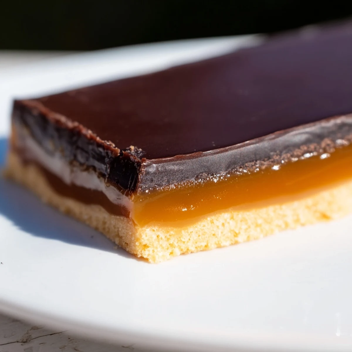 Decadent homemade Chocolate Bars with Caramel layered over a golden shortbread base, ready to slice.