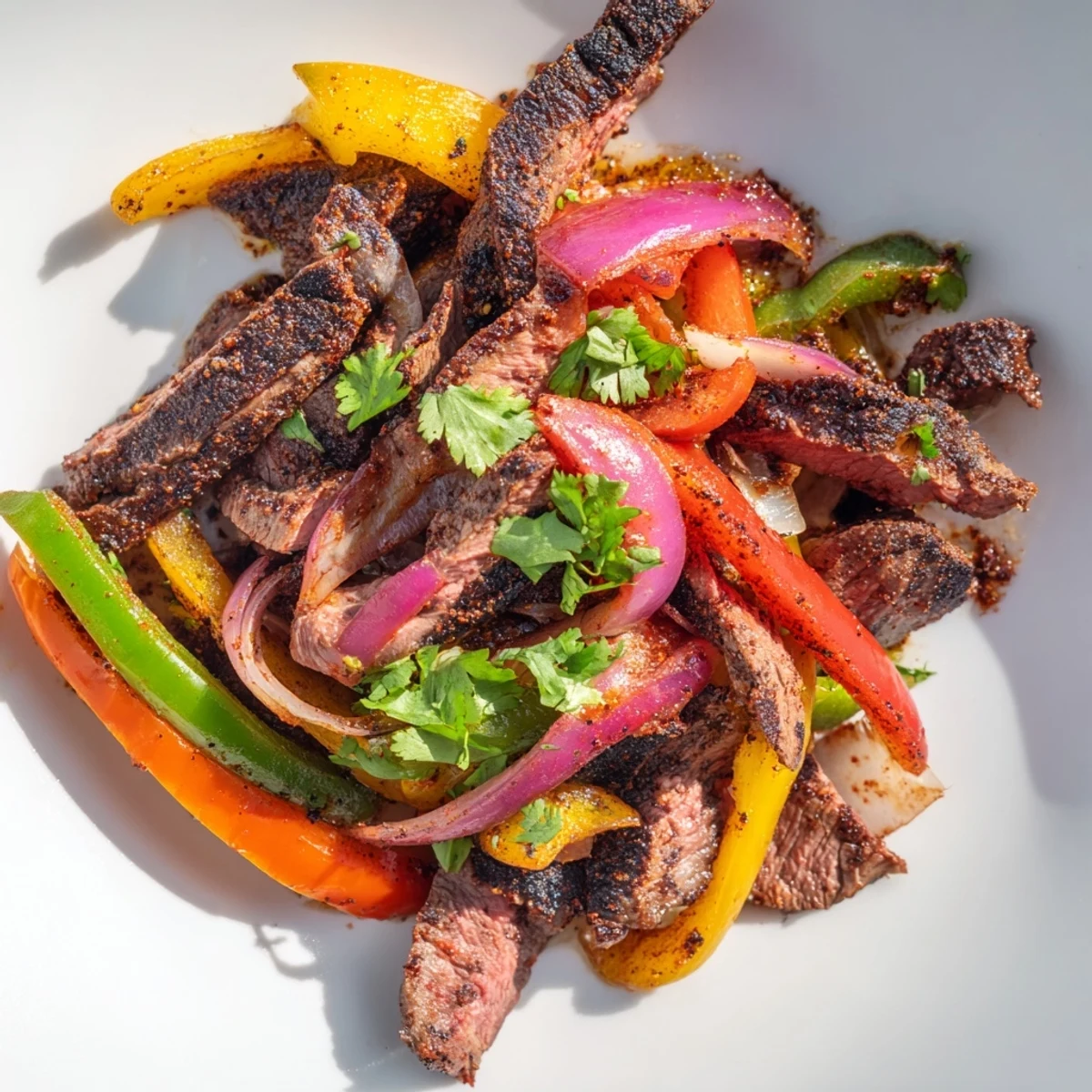 Sizzling pan of Beef Fajita Skillet topped with lime wedges, fresh cilantro, and diced avocado on a wooden table.