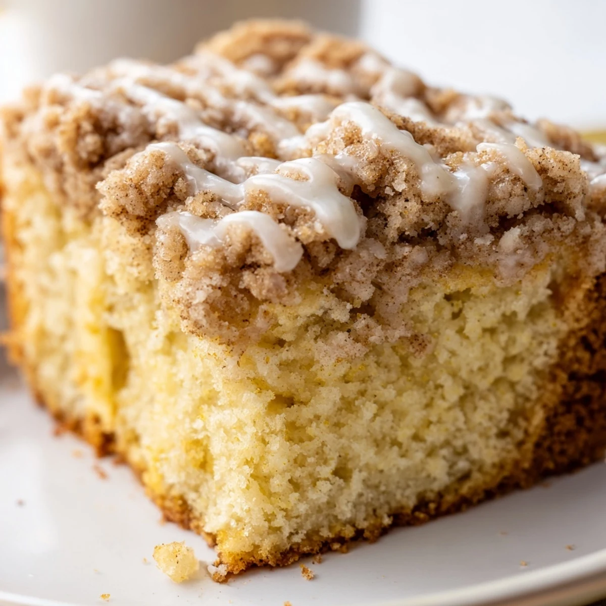 A freshly baked Lemon Coffee Cake with Crumble sits on a cooling rack, revealing a golden, flaky topping. The bright citrusy aroma is almost palpable from the tender, yellow crumb.